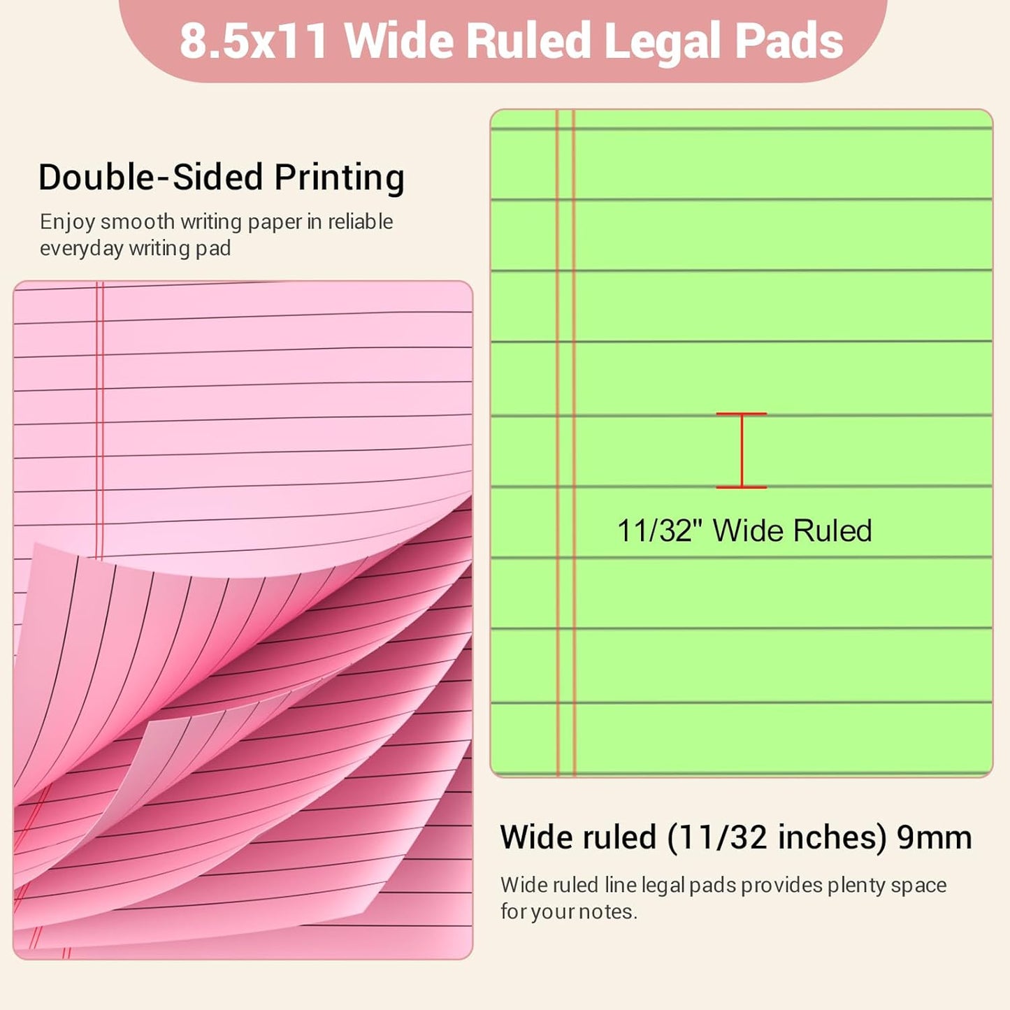 Legal Pads 8.5 x 11 Colored Notepad, 12 Pack Wide Ruled Lined Paper, Micro Perforated Writing Pads, 30 Sheet/Note Pads, Pink Legal Pad 8.5 x 11 Notebook Paper Tablet for School