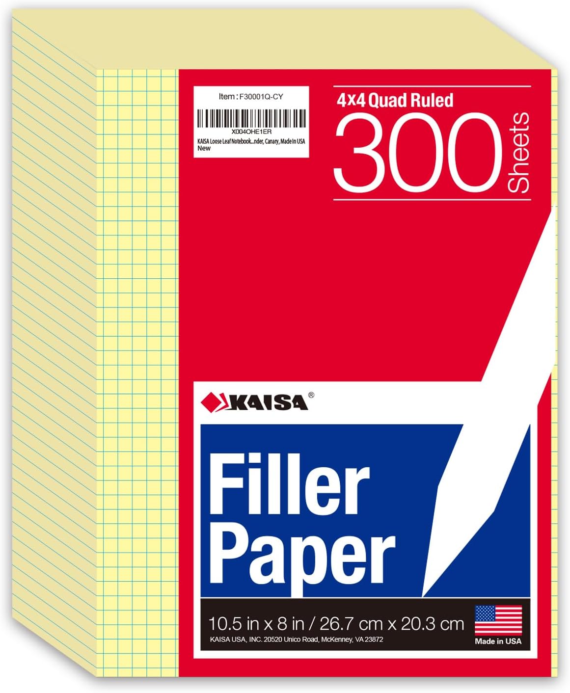 KAISA Loose Leaf Notebook Paper, 4x4 Quad Graph Ruled, 300 Sheets Per Lined Paper, 8" x 10.5", 3 Hole Punched for 3 Ring Binder, Canary, Made In USA