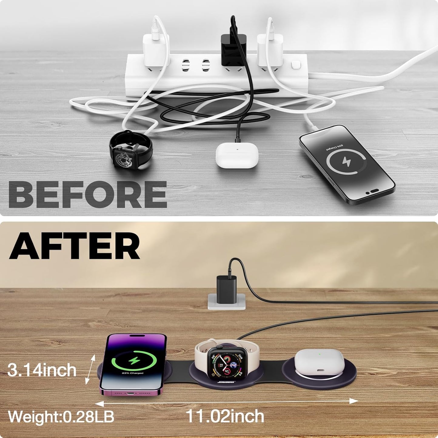 Hicober 3 in 1 Charging Station for Apple Multiple Devices, Foldable Travel Wireless Charger 18W for iPhone 16 15 14 13 Pro Max Plus &Apple Watch Series/Airpods Purple