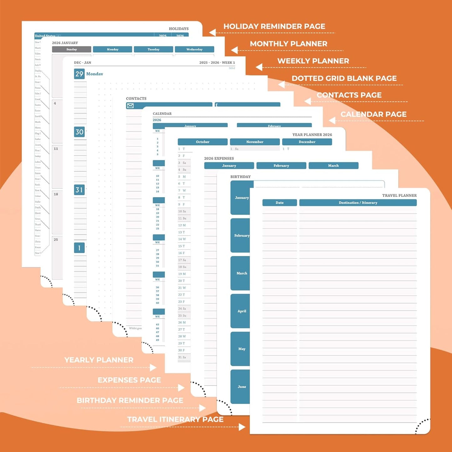 Planner 2026 Daily Weekly and Monthly,8.5"x6.5",12 Months Spiral Bound Calendar Agenda with Self-adhesive Pen Holder,2026 Appointment Book with Vegan Leather Soft Cover,Orange