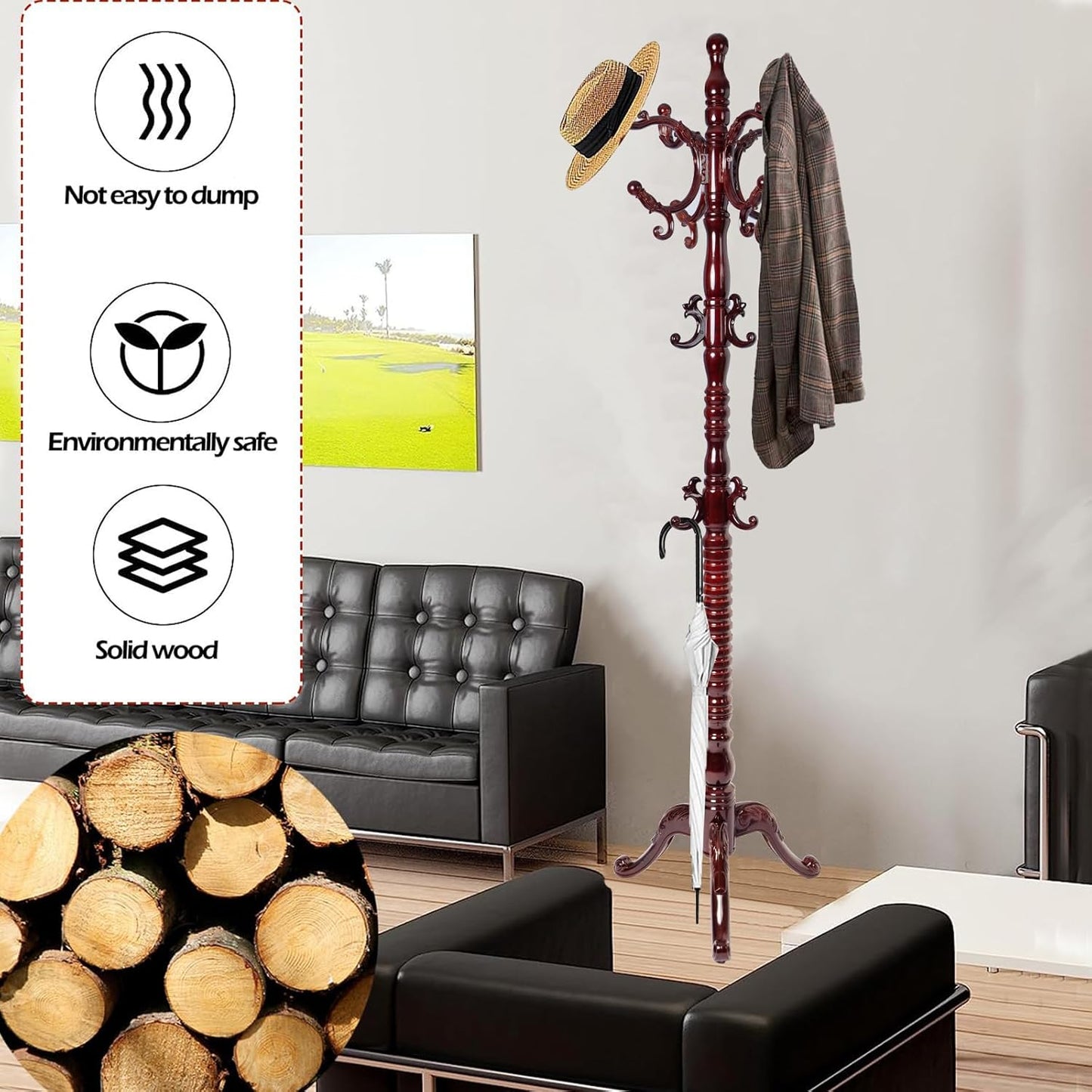 Coat Racks Free Standing with 14 Hooks, Natural Wood Coat Stands for Entryway, Adjustable Height 73 in Tree Coat Rack Stand for Hallway Home Office Bedroom (Mahogany triangle)