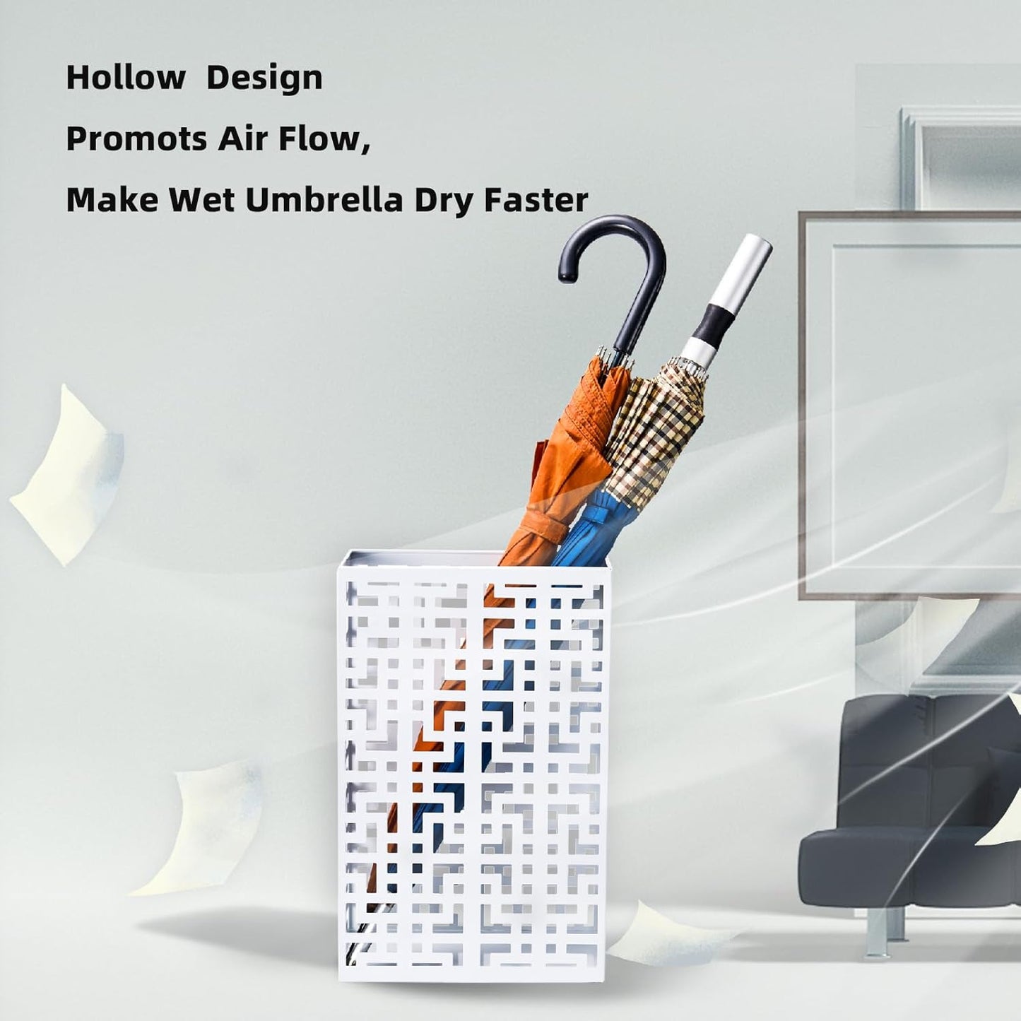 Umbrella Holder Stand for Entryway, Square Metal Umbrella Rack, Freestanding Rectangular Hollow Rack for Home Office, 16 x 10 x 5 Inch, White