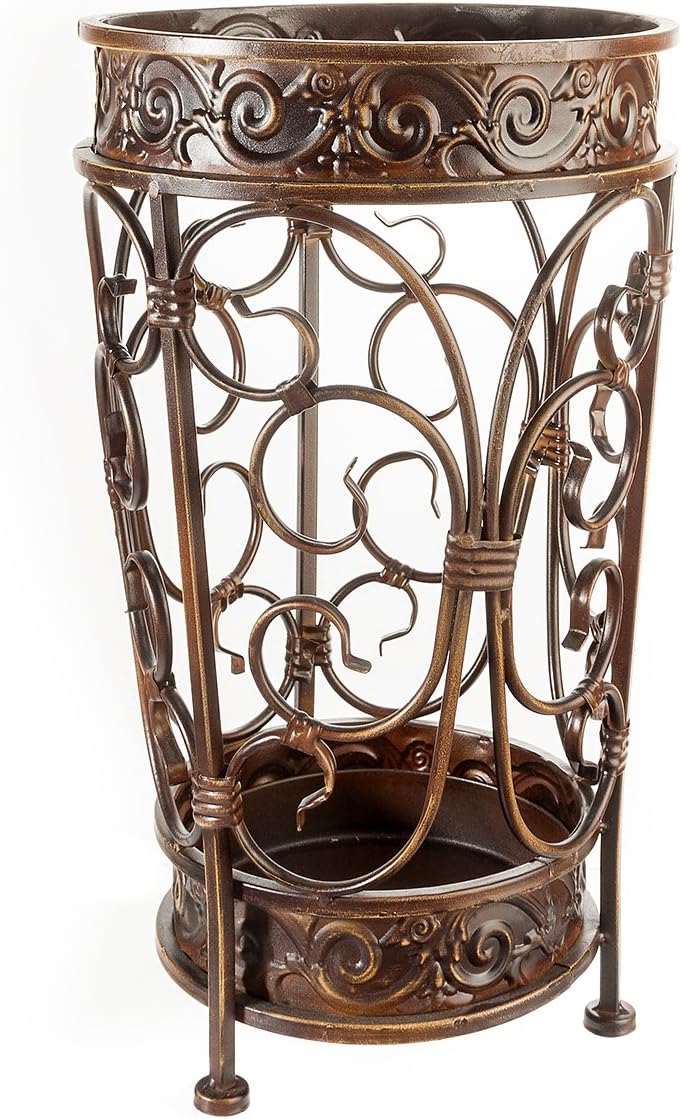 Super Quality Umbrella Stand, Umbrella Holder, Antique Look Metal, Entry Hallway Décor, Round Style, w/Removable Drip Tray. (Gold-Brown)