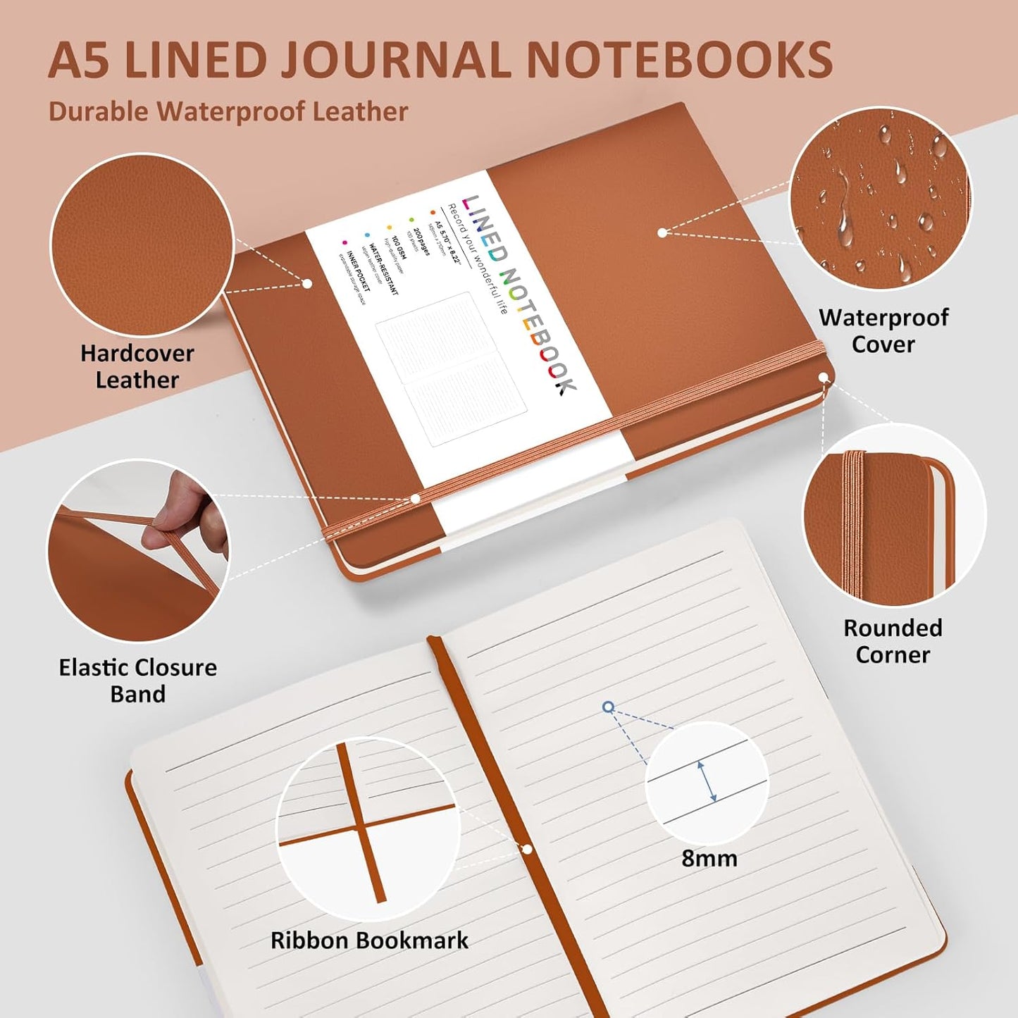 Lined Journal Notebook for Women Men, 200 Pages A5 Hardcover Leather Journals 5.7” x 8.3”, A5 College Ruled Notebooks with 100 GSM Thick Paper for Writing,Travel,School,Office,Work,Business(Brown)