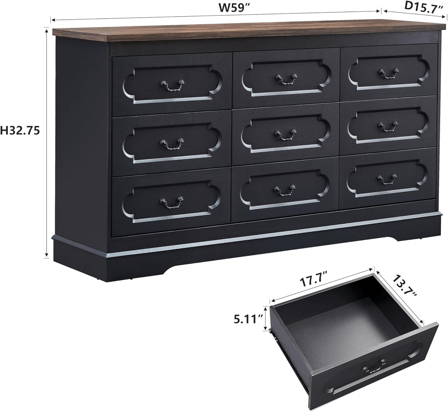 LIDYUK 9 Drawer Dresser for Bedroom Farmhouse Black Tall Wood Chest of Drawers for Bedroom Dresser, Modern Rustic 59" Wide Drawers Dressers Wooden Closet and Storage Cabinet, Hallway, Living Room
