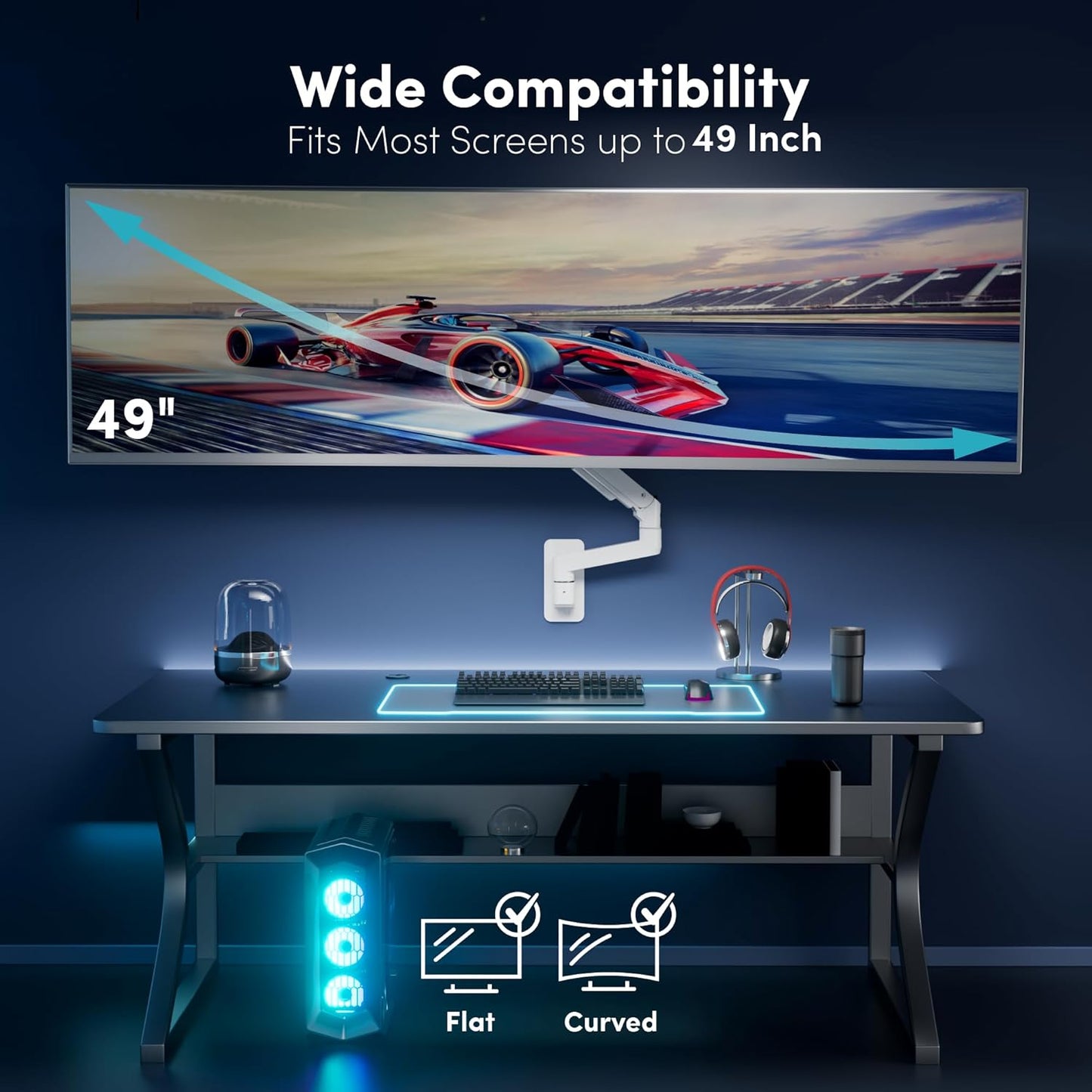 Monitor Wall Mount for 17-49 Inch Ultrawide Monitors, Single Monitor Arm Holds 4.4-44 lbs Screens, Adjustable Premium Aluminum Wall Mount with Max VESA 100x100 for Samsung Odyssey G9 and More, White