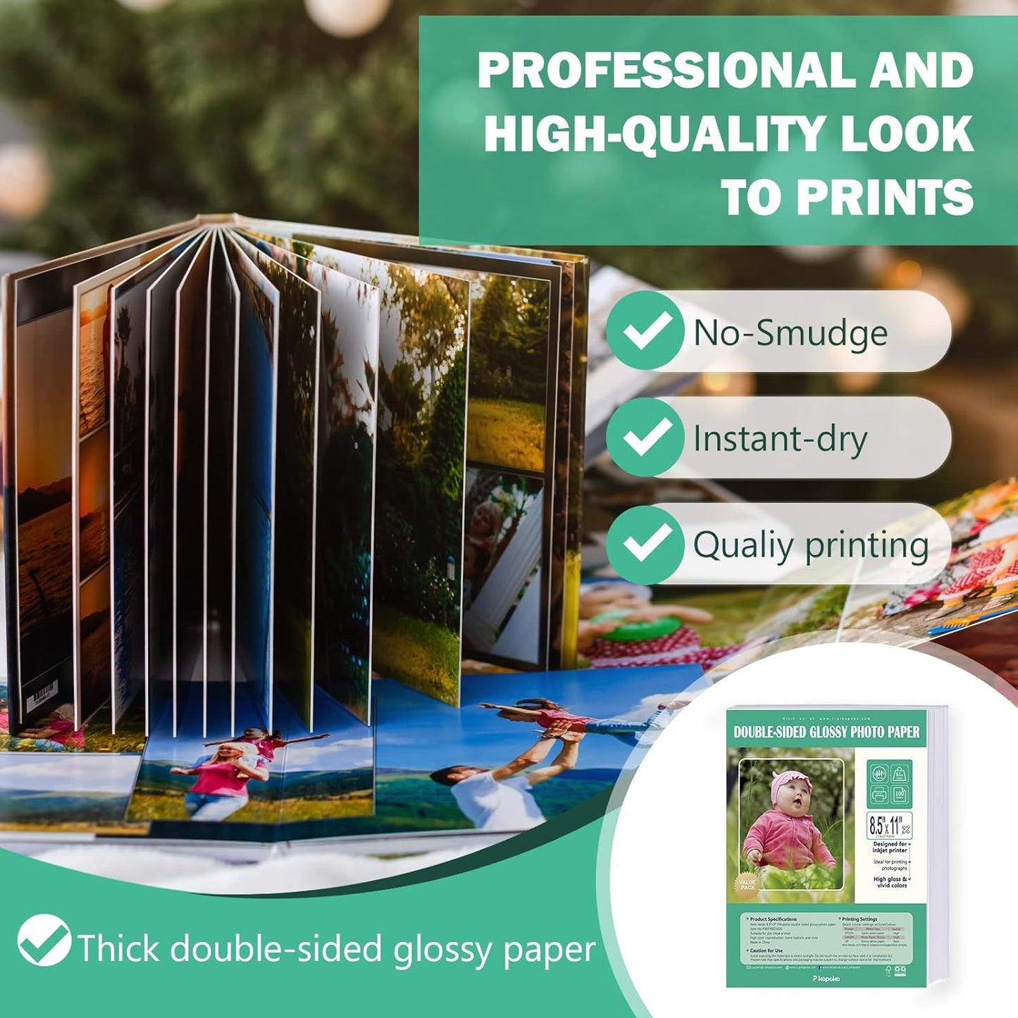 Double Sided Glossy Photo Paper for Inkjet Printer 8.5x11, Thick Glossy Paper for Cardstock 61lb, 100 Sheets