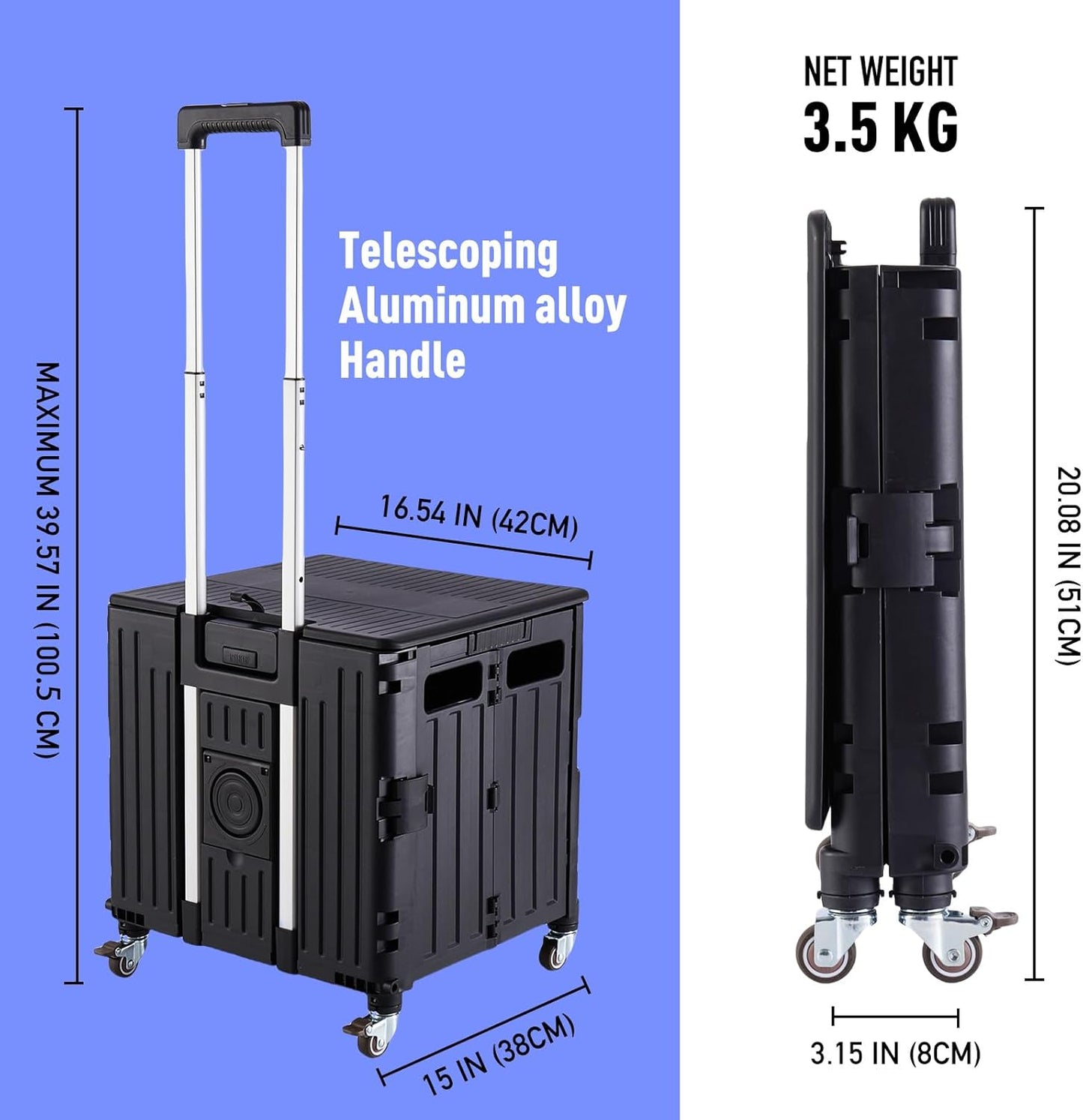 Folding Utility Cart Portable Rolling Crate Handcart Shopping Trolley Collapsible Tool Box, with Lid, on 4 Rotate Wheels, for Grocery, Shopping, Office, Teacher, Camp(Black)