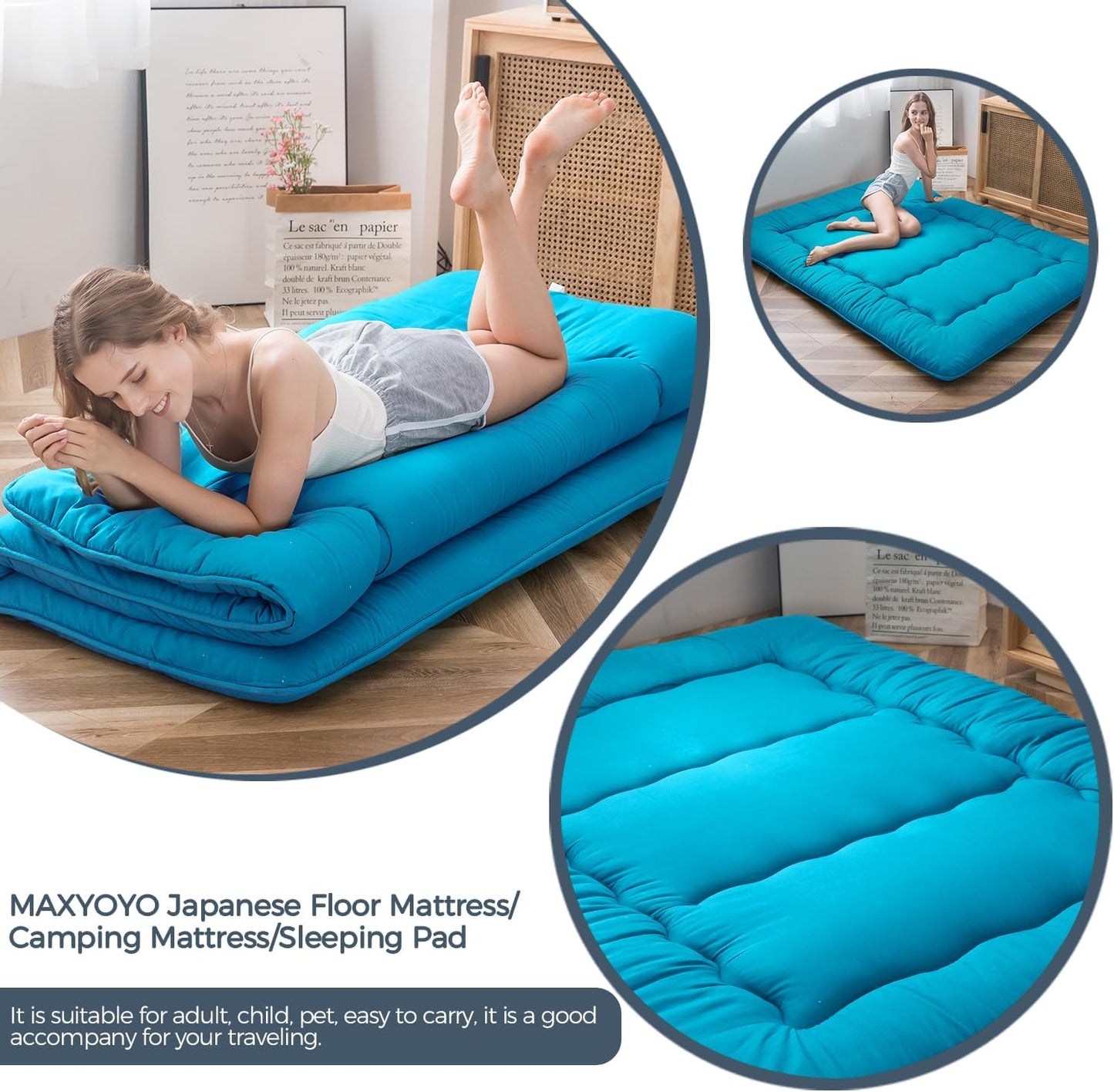 MAXYOYO Japanese Floor Mattress Futon Mattress, Thicken Tatami Mat Sleeping Pad Foldable Roll Up Mattress Boys Girls Dormitory Mattress Pad Kids Floor Lounger Bed Couches and Sofas, Turquoise, King