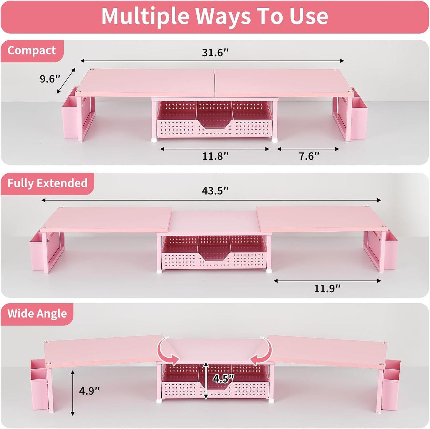 Desk Dual Monitor Stand Riser - Wood Desk Organizer with Drawer and Pen Holders, Office Desk Accessories & Workspace Organization, Computer Monitor Stand for Laptop Printer, Girl Pink