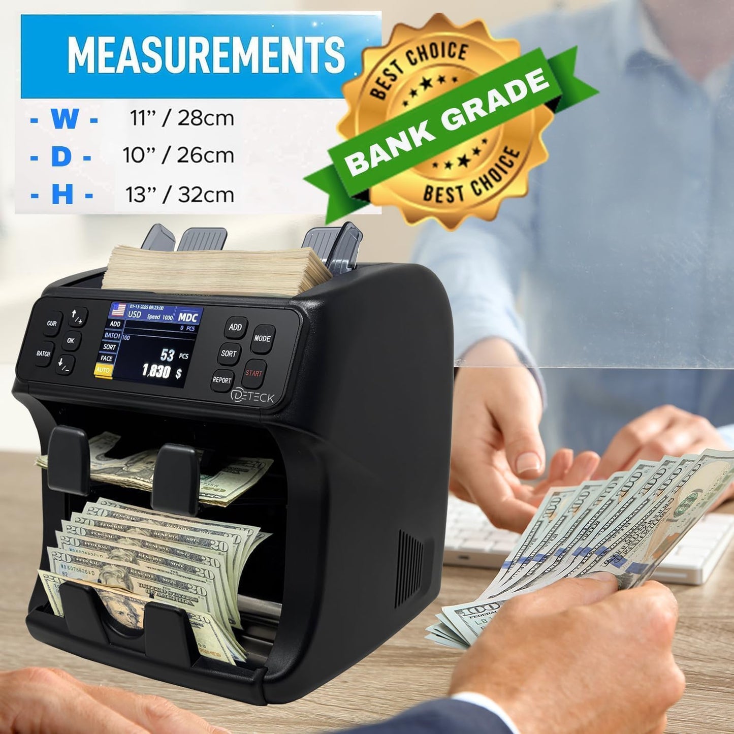DETECK DT800 Bank Grade Mixed Denomination Money Counter with Reject Pocket, Multi Currency, Bill Counter 2CIS/UV/IR/MG/MT Counterfeit Detection, Cash Counter Serial Number, Printer Enabled