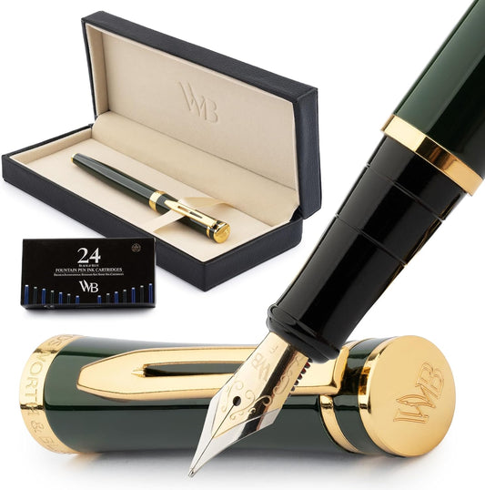 Wordsworth & Black Fountain Pen Set, 18K Gilded Fine Nib, Includes 24 Pack Ink Cartridges, Ink Refill Converter & Gift Box, Gold Finish, Calligraphy, [Racing Green], Perfect for Men & Women