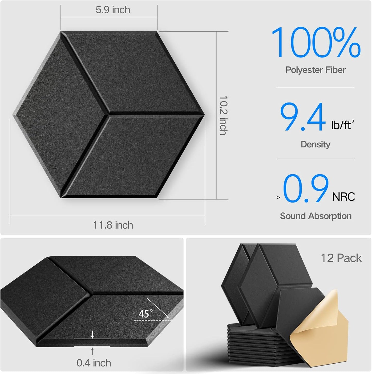 12 Pack Self-adhesive Acoustic Panels 12" X 10" X 0.4" - Sound Proof Foam Panels for walls with High Density, Y-Lined Design, Flame Resistant, Absorb Noise and Eliminate Echoes(Black)