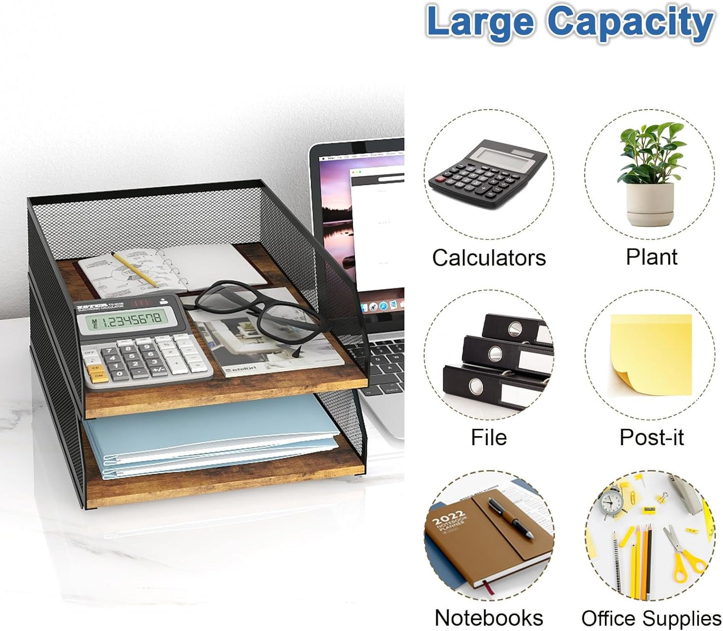 Natwind 2-Tier Stackable Paper Tray, Metal Mesh Desktop Organizer, Wood Board Paper Sorter, Letter Trays,File Document Storage Rack for for Home, Office, School (Retro)