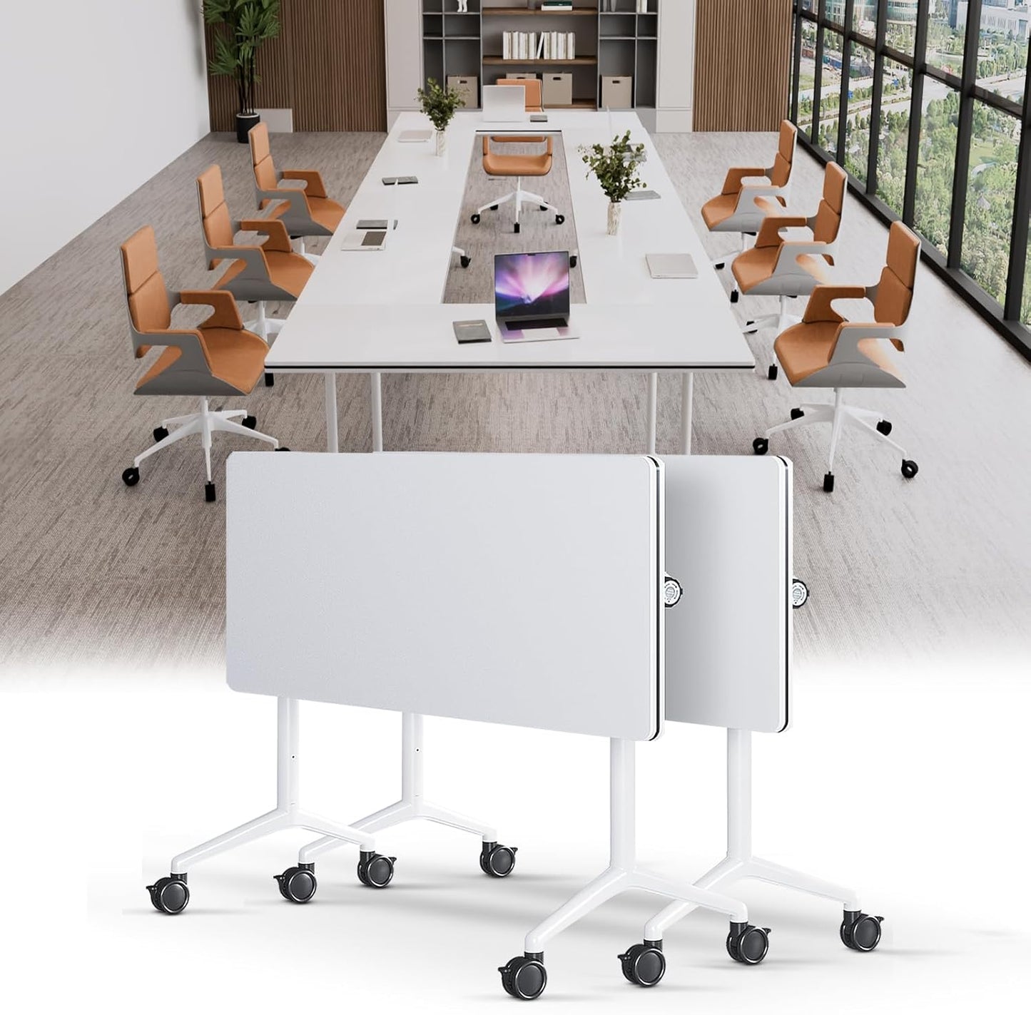 Conference Table, Folding Conference Tables for 2-20 People, Modern Conference Room Table with Wheels, Super Sturdy Large Rectangle Mobile Meeting Seminar Tables for Office (2PCS 55.1in)