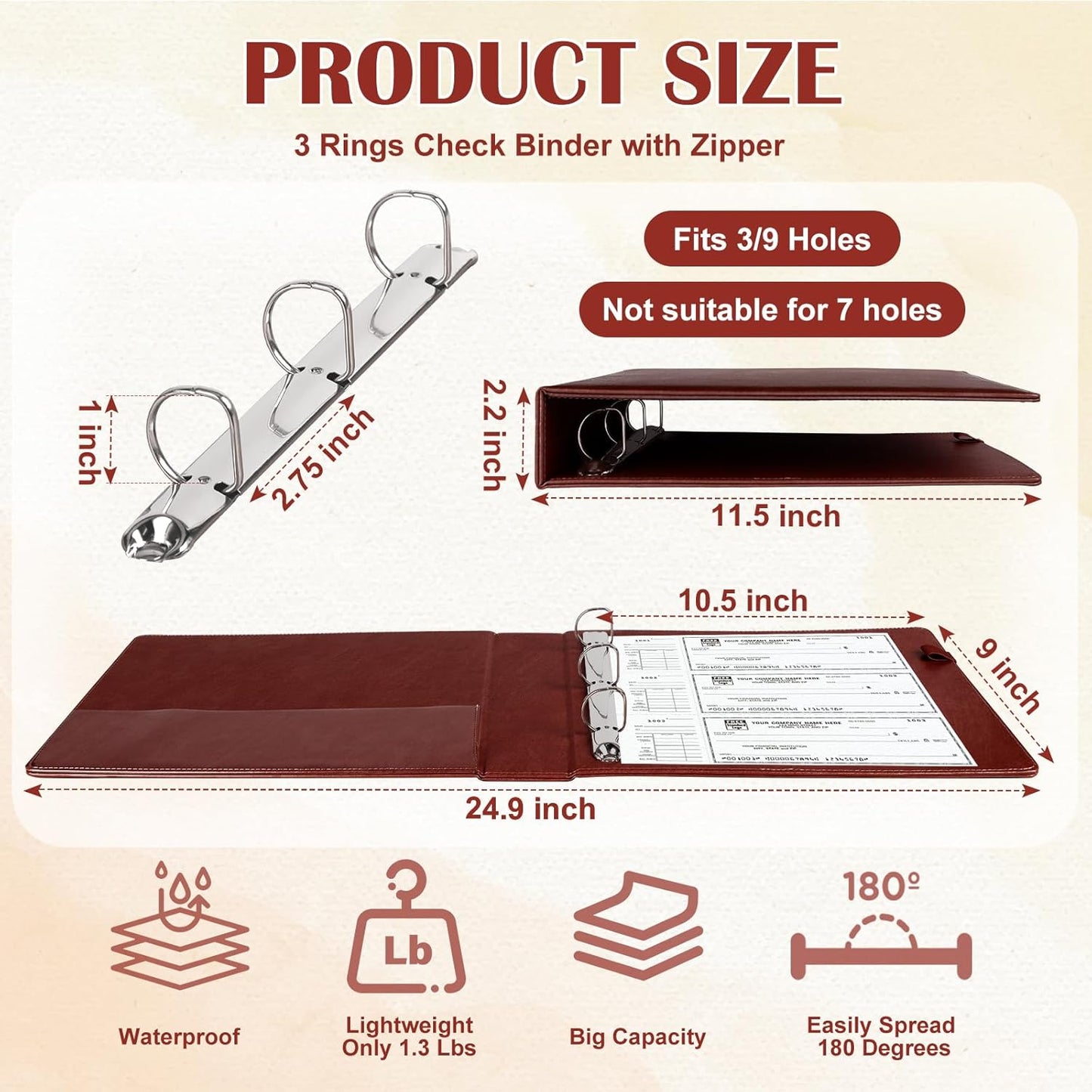 9" x11 1/4" PU Leather 3 Rings Personal Checks Binder for End-Stub Deskbook 3-Ring Binders for Desk Check fit 3 & 9 Holes Checkbook Binder Cover for Business Finances (Not Fit 7 Holes,Light Brown)