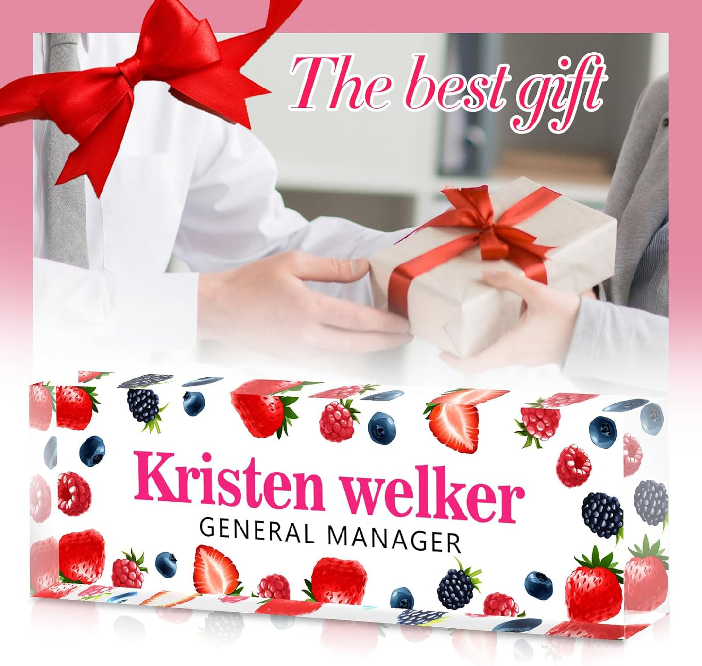 Personalized Name Plate for Desk - Custom Engraved Name Plates for Man - Boss Day Gifts for Boss - Acrylic Office Decor Appreciation Gifts for Teacher Nurse Coworker Social Worker (Berries)