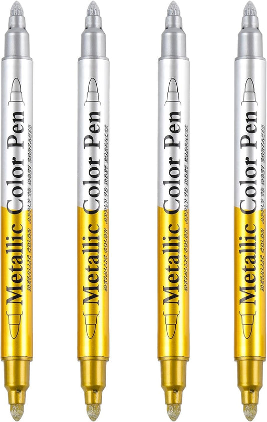 Dyvicl Metallic Marker Pens Dual Tip, Permanent Metallic Silver and Gold Paint Pens for Black Paper, Wine Glass, Rock Painting, Christmas Card Making, Scrapbook, DIY Art Crafts, Set of 4