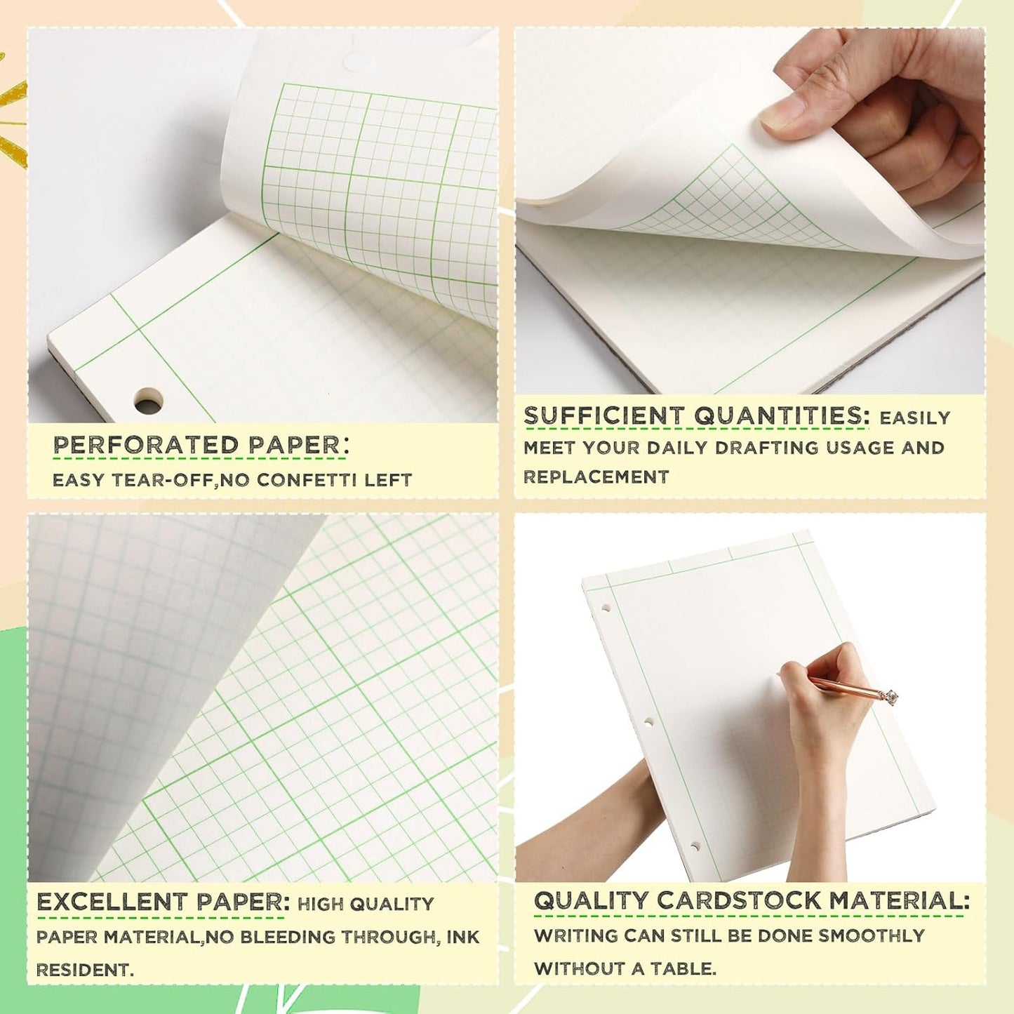 Zhanmai 5 Pack Engineering Computation Pad 5 Squares Per Inch 8.5" x 11" Engineering Graph Paper Notepad 100 Sheets Per Pad, 3 Hole Punched(Beige, Green)