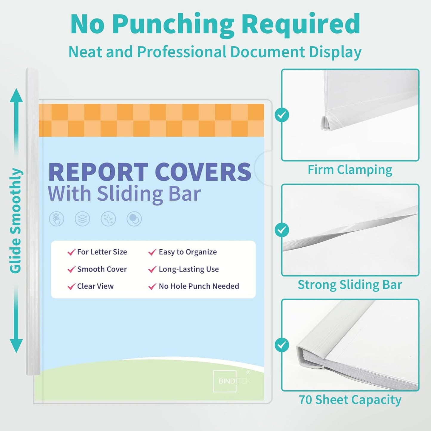Binditek 40 Pack Clear Report Covers with Sliding Bars, 70 Sheet Capacity, 9mm Sliding Bar File Folder, Letter Size, 5.5 Mil Thick, 5 Assorted Colors, for Students and Coworkers
