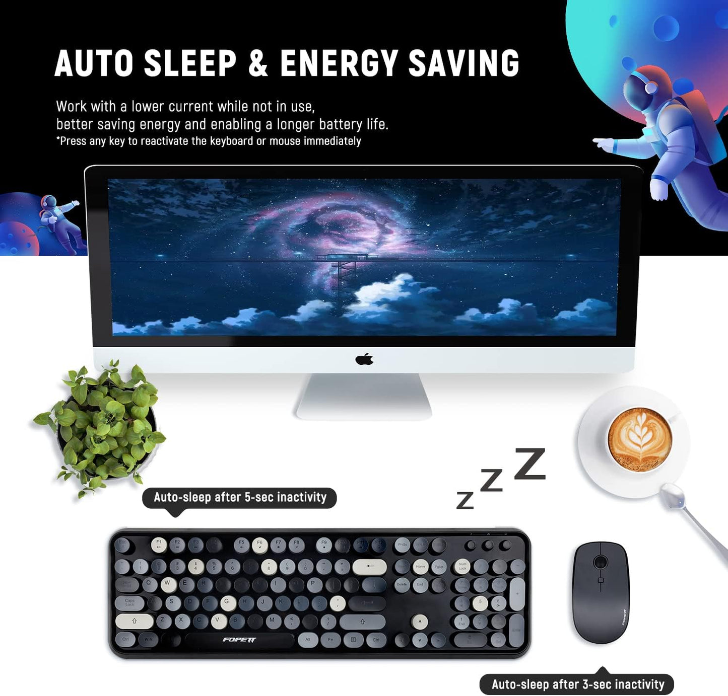 FOPETT Wireless Keyboard and Mouse Combo, 104 Keys Full-Sized 2.4 GHz Round Keycap Colorful Keyboards, USB Receiver Plug and Play, for Windows, Mac, PC, Laptop, Desktop (Grey)