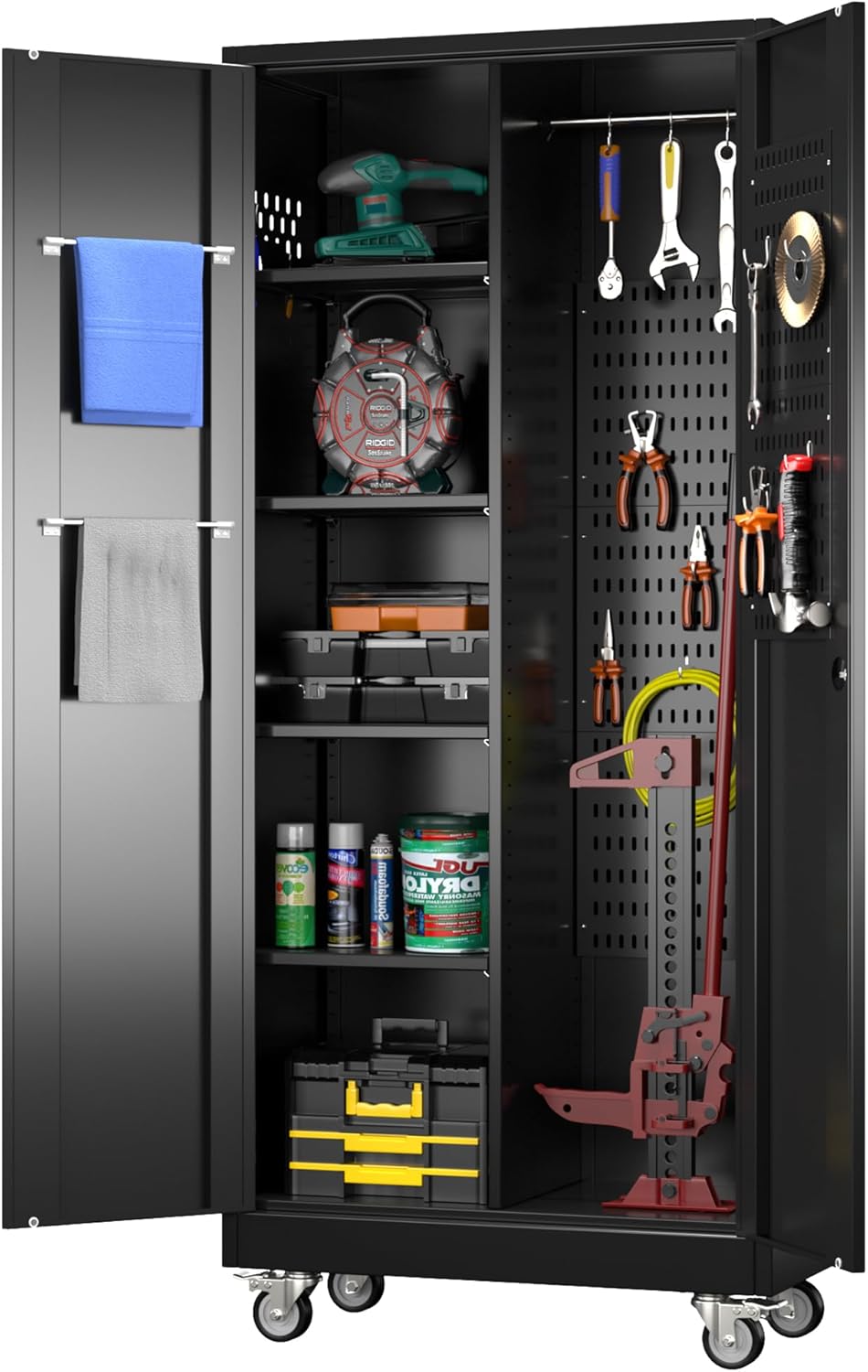 Garage Storage Cabinet with Wheels, Metal Tool Cabinet with Pegboards and 4 Adjustable Shelves, Garage Storage System with Lockable Door for Shools, Offices, Gyms and Pantries, Black