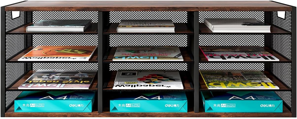 Mail Sorter Adjustable Holder, Countertop Literature Organizer, Student Mailbox for Classroom, Desktop Bill Paper Organizer for Office Home School, 12 Compartments, Brown