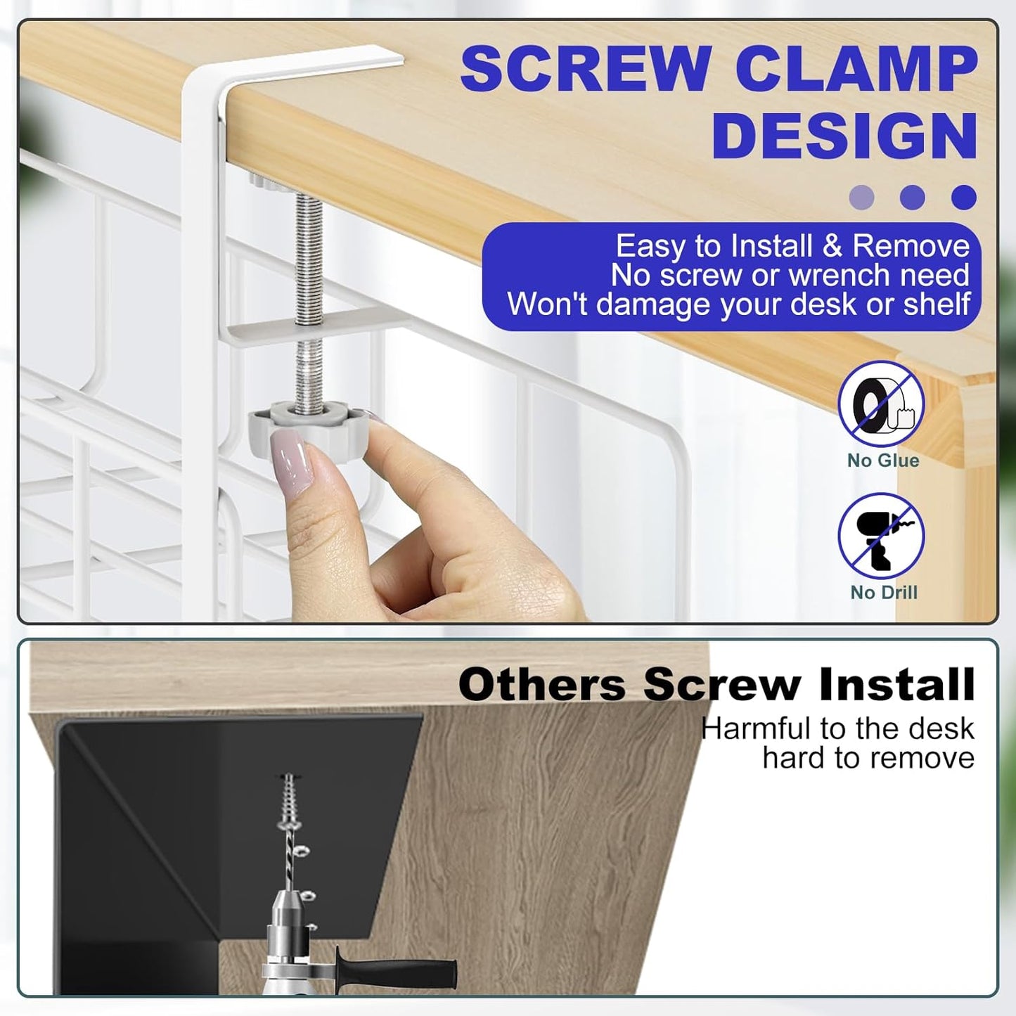 Under Desk Cable Management Tray, 15.7'' No Drill Steel Cable Tray Organizers, Wire Management Tray Cable Rack with Clamp Mount, Metal Under Desk Tray with Wire and Cord Organizer White（1pack