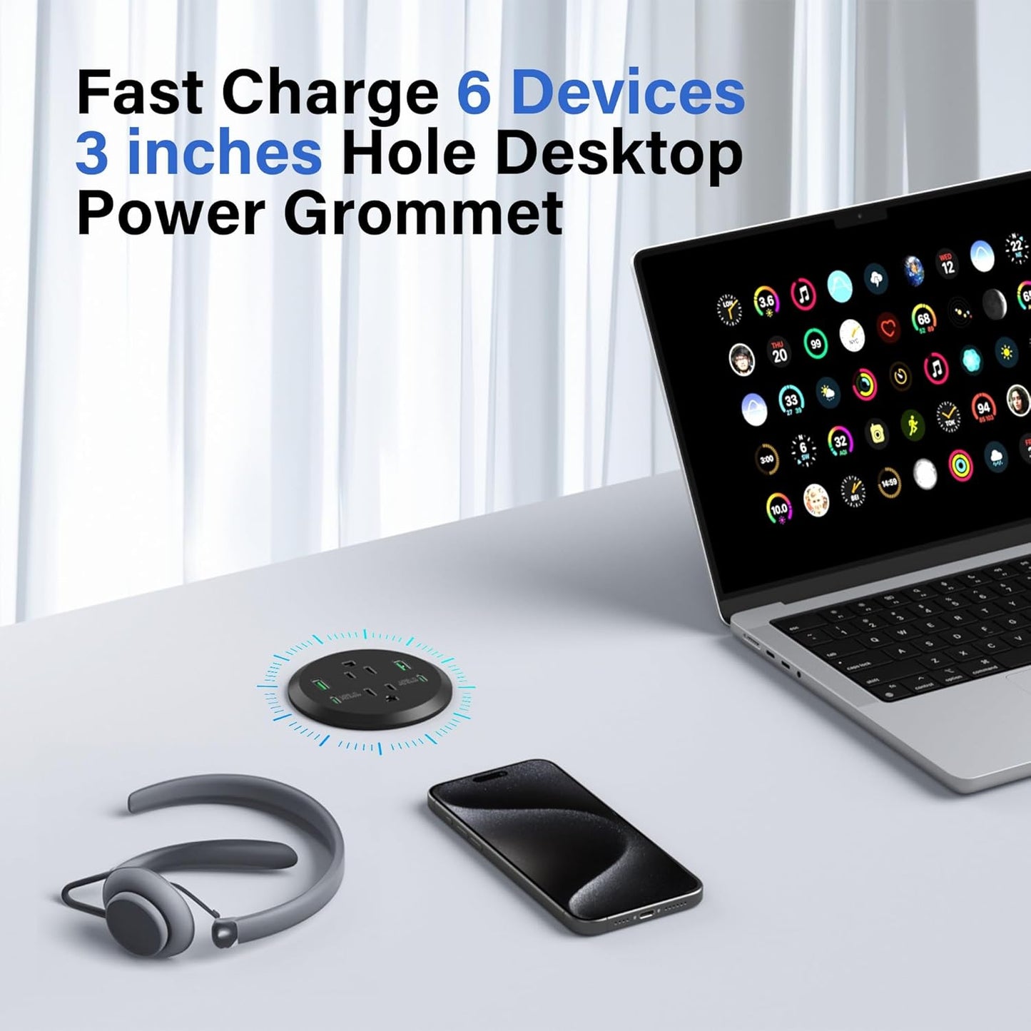 Desktop Power Grommet, 3-inch Hole, 40W Fast Charging Station, 2 PD 20W USB C Ports, 2 AC Outlets, 4 USB Ports, Flush Mount, 2 Pack