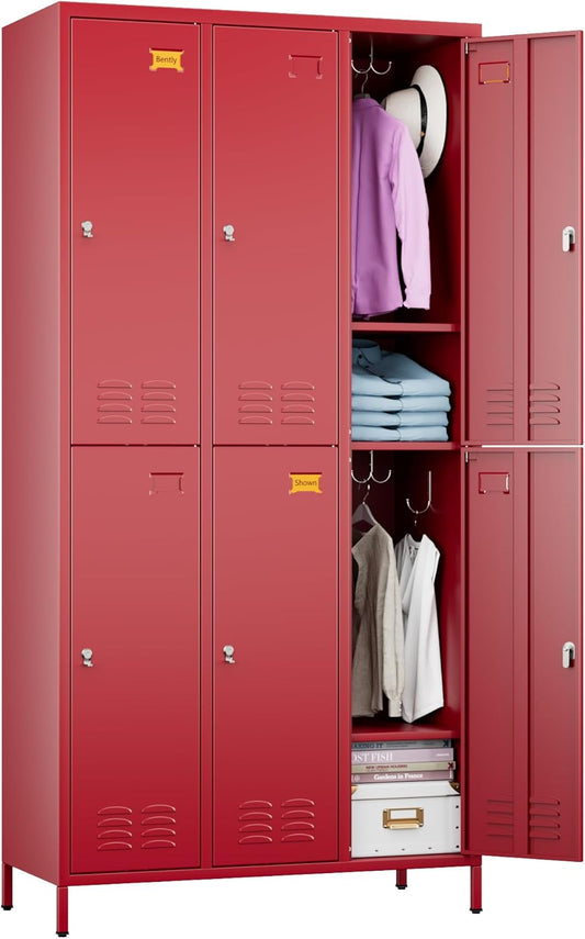 6 Doors Metal Locker with Business Card Holder and 18 Hooks,Metal Locker for Employees with Ventilation Holes for School Garage Office Gym Home,Assembly Required,Red