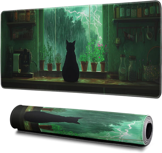 Green Black Cat Mouse Pad Abstract Big Mouse Pad 31.5x11.8 Inch Cat Texture Non-Slip Rubber Base Large Mousepad Stitched Edges Keyboard Mouse Mat Desk Pad for Office and Home