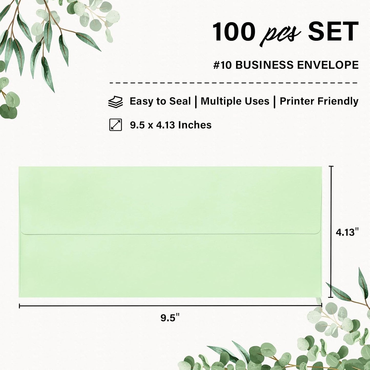 100 Pack #10 Business Envelopes, Self Seal Standard Light Green Envelopes for Secure Business & Legal Mailing, Office, Checks, Letter, Invoices, 4 1/8 x 9 1/2 Inches