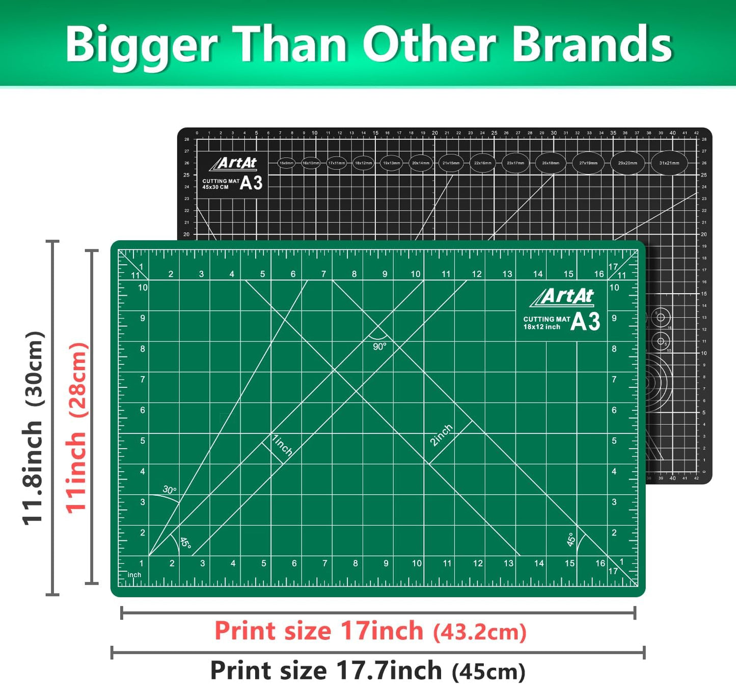 ArtAt Self Healing Cutting Mat: 12inch x 18inch Double Sided 5-Ply Fabric Cutting Mat for Sewing, Quilting & Arts & Crafts - Gridded Rotary Cutting Board Mat in Green/Black.