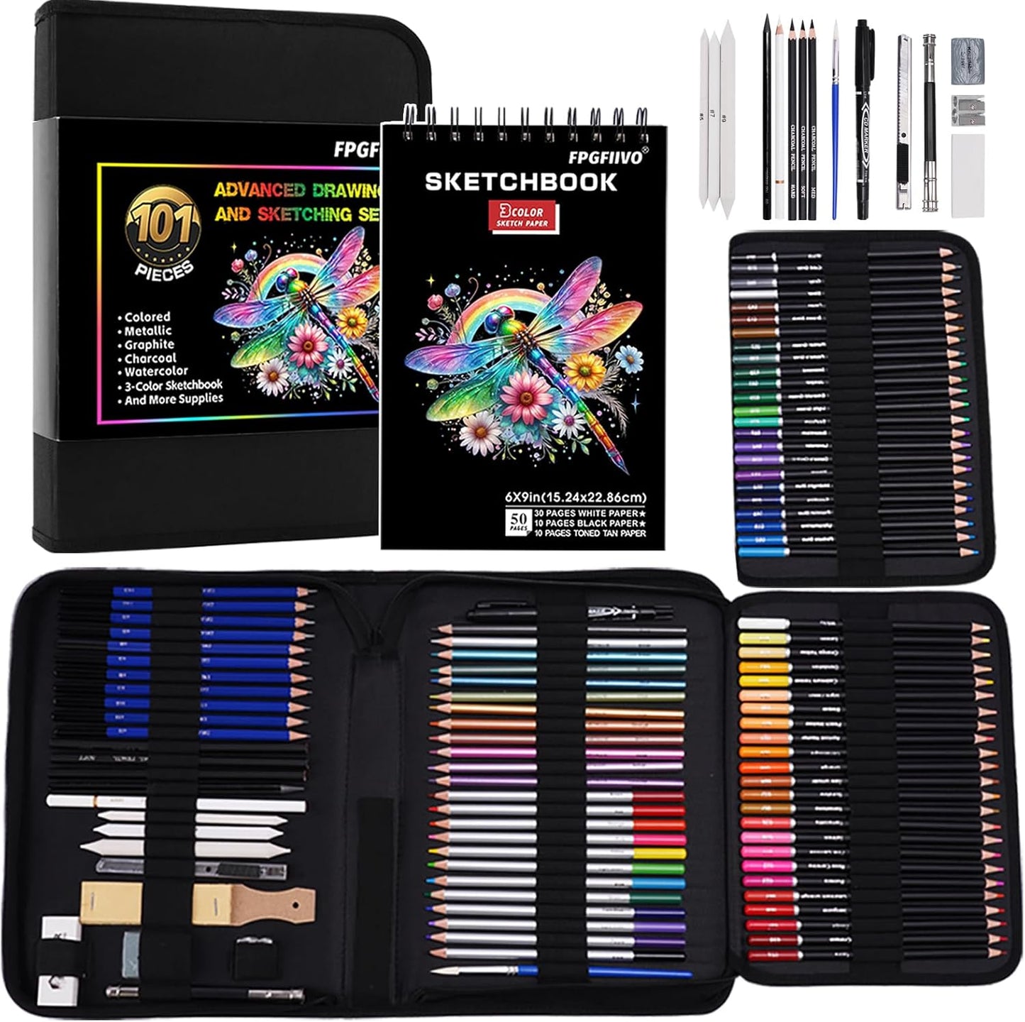 FPGFIIVO 101 Pcs Sketch Art Set, Pro Art Supplies with 3-Color Sketchbook and Tutorial, Colored, Watercolor, Metallic, Graphite, Charcoal Pencils, Drawing Set Gifts for Artists Adults Teens Beginner