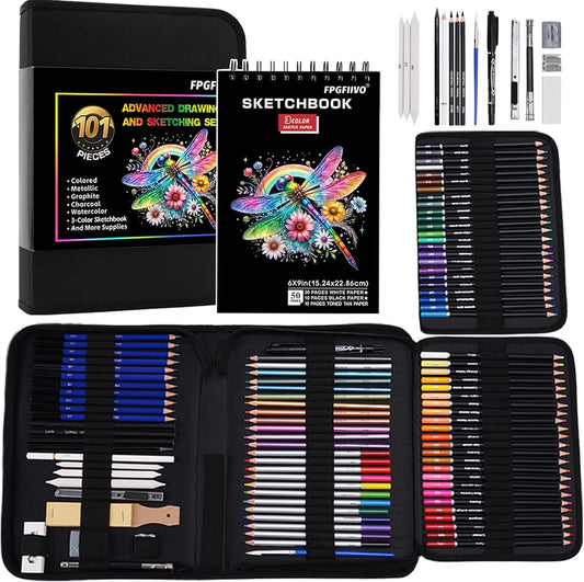 FPGFIIVO 101 Pcs Sketch Art Set, Pro Art Supplies with 3-Color Sketchbook and Tutorial, Colored, Watercolor, Metallic, Graphite, Charcoal Pencils, Drawing Set Gifts for Artists Adults Teens Beginner