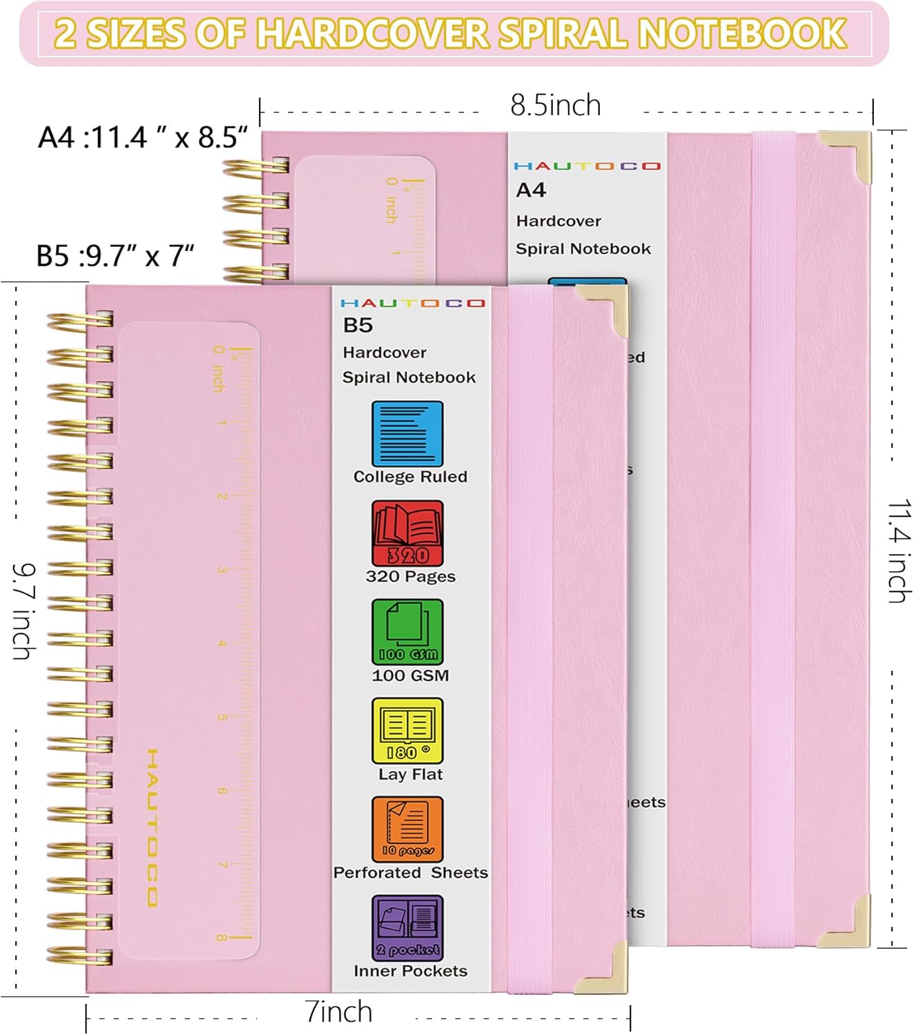 HAUTOCO Spiral Notebook 8.5"x 11", College Ruled Leather Notebook Journal with 320 Pages, A4 Pink Hardcover Notebook, 100 GSM Paper, Lined Paper Journaling Notebooks for Women Work School Office