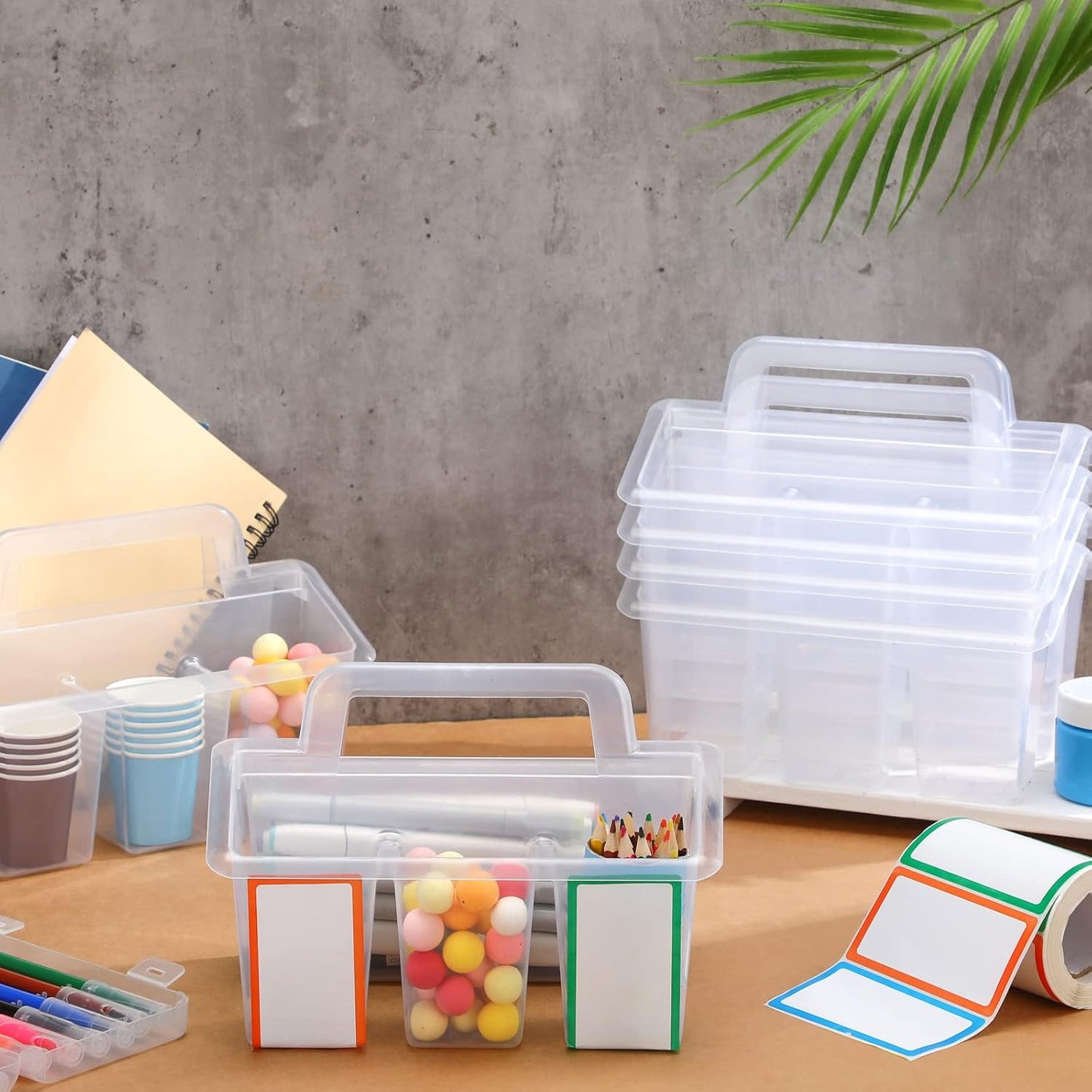 Maitys Classroom Storage Caddies with 4 Compartment Portable Plastic Storage Caddy Organizer with Built in Handles and Colorful Stickers Crayon Caddy Small Utility Caddy for Classrooms Office (6 Pcs)