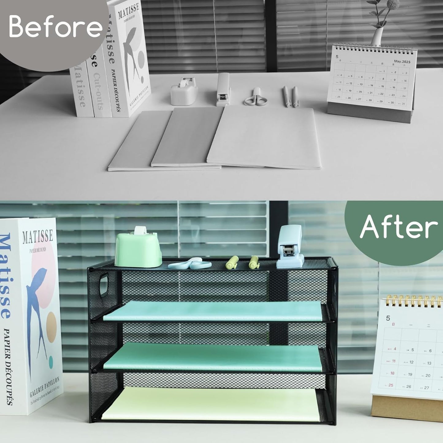 Paper Letter Tray with Handle, 3 Tier Metal Mesh Desk File Organizer, A4 Paper Desktop Filing Trays, Desk Tidy Magazine Document Holder for Home Office, Black