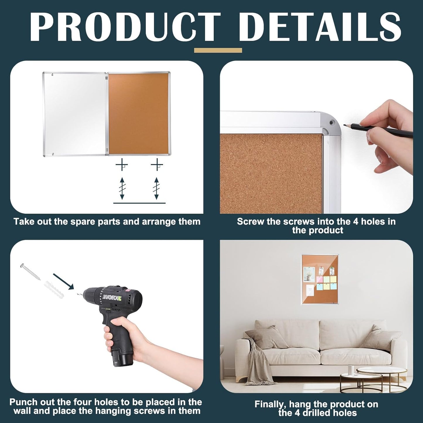 Cholemy Enclosed Bulletin Lockable Cork Case Notice Board 48 x 36 Inch Weatherproof Bulletin Board with Aluminum Frame Mounting Screws Outdoor for School Office Wall Display Pictures(Silver)