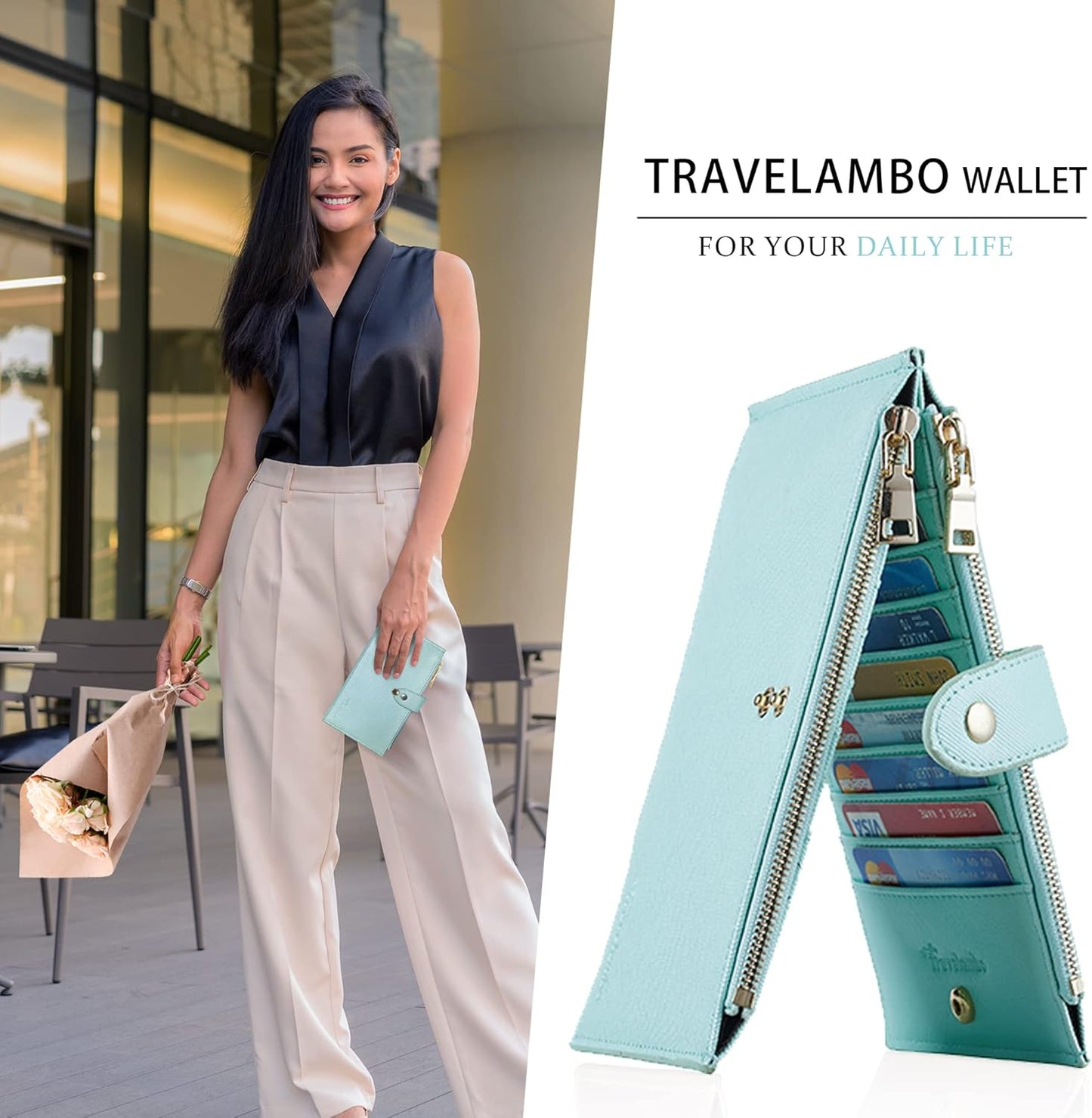 Travelambo RFID Wallet Women Large Size Bifold Multi Card Wallet Case with Zipper Pocke Credit Card Holder for Women