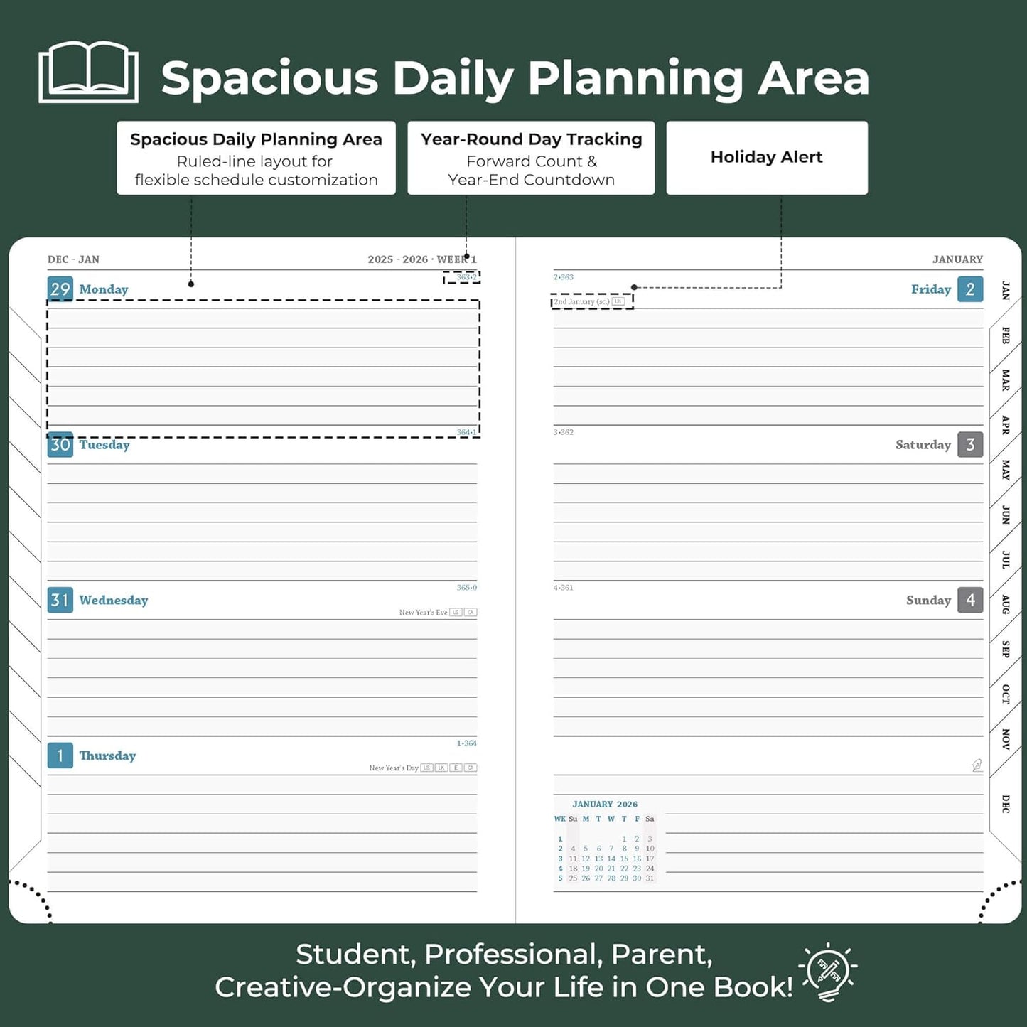 Planner 2026 Daily Weekly and Monthly,8.5"x6.5",12 Months Spiral Bound Calendar Agenda with Self-adhesive Pen Holder,2026 Appointment Book with Vegan Leather Soft Cover,Green