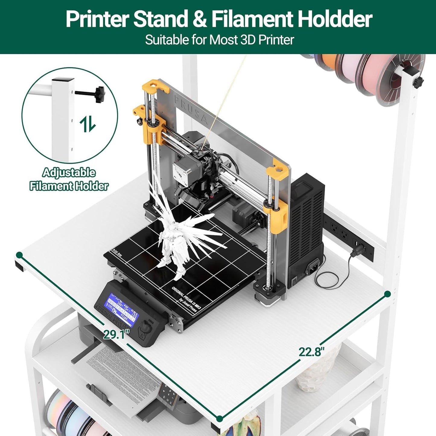 Homieasy Printer Stand with Charging Station, 29.1" x 22.8" Large 3D Printer Table with Filament Storage, Heavy Duty Rolling Printer Cart with 4-Tier Storage for Workshop/Office/Garage, White