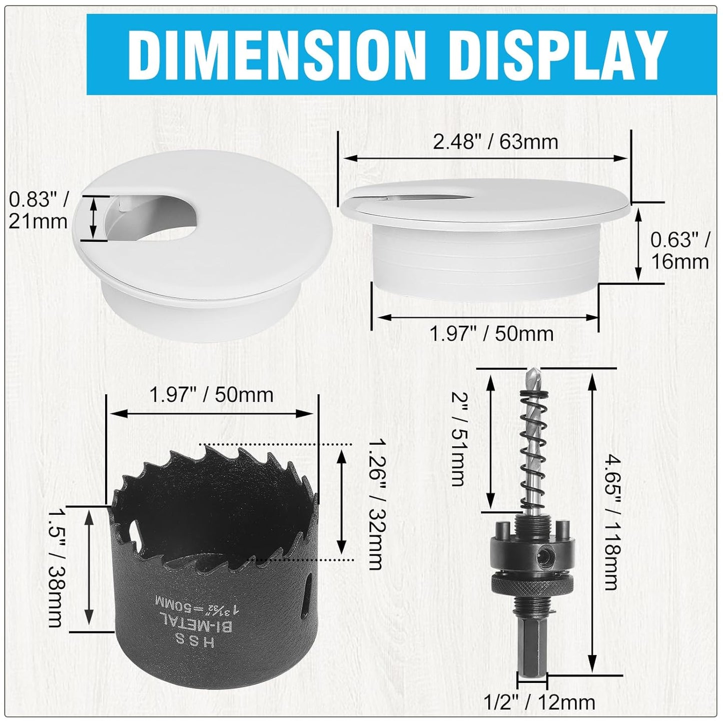 2" White Desk Grommet with Bi-Metal Hole Saw, JTemgle Plastic Cable Hole Cover Computer Table Cord Wire Organizer Caps, Desktop Cord Management for Home Office TV Stands Tabletops, 7 Pieces