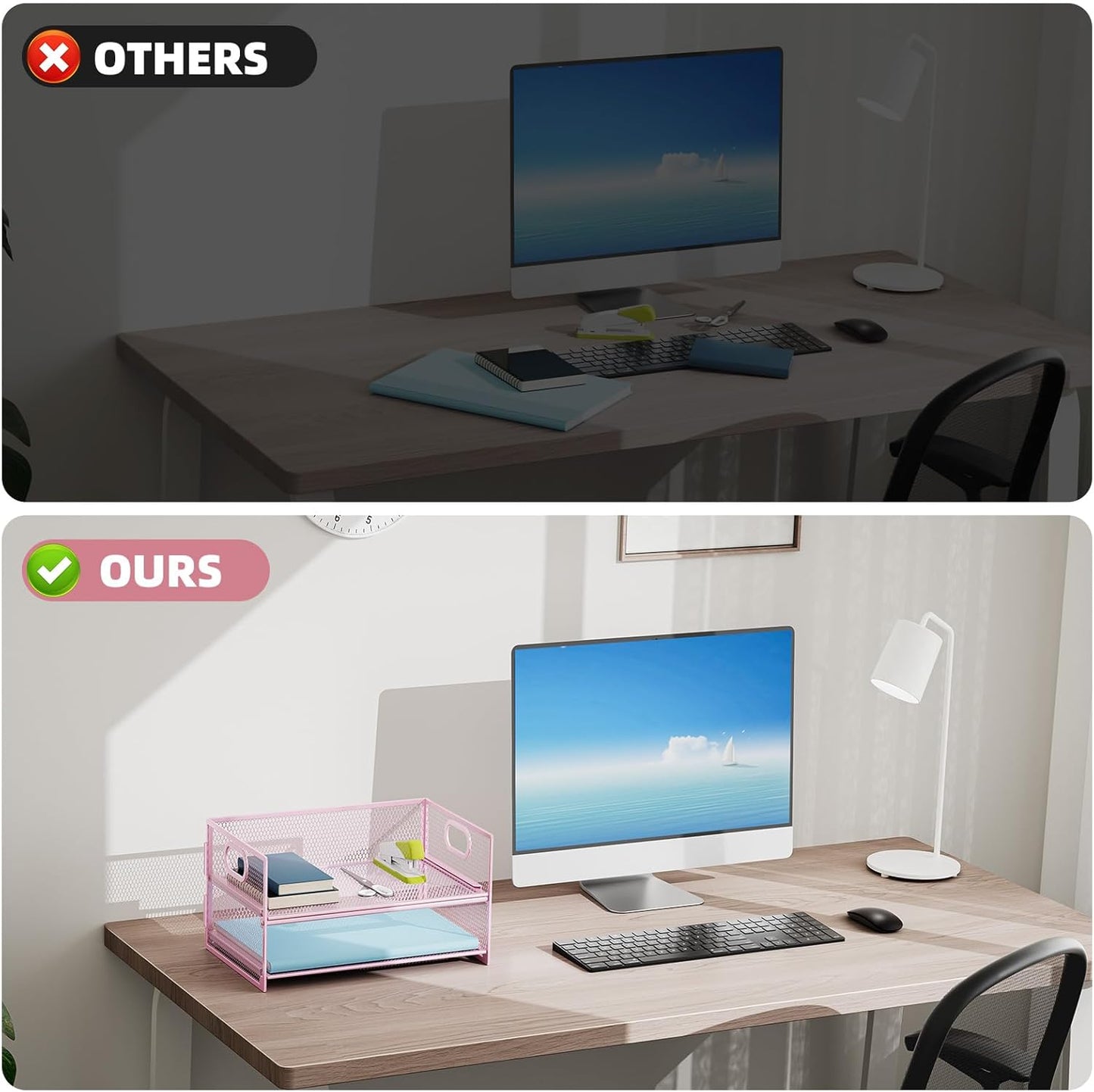 Marbrasse 2 Tier Paper Organizer Letter Tray, Mesh File Organizer with Handle, Paper Sorter Desk Organizer for Home Office Supplies - Pink