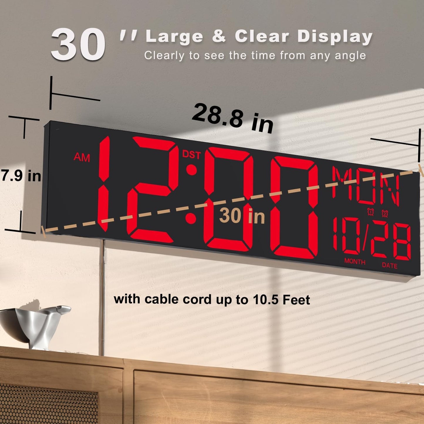 JALL 30" Large Digital Wall Mount Clock with Remote Control, Alarm, Big LED, Countdown, Auto DST, Temperature for Living Room Classroom Desk, Xmas, Birthday Gift, Black Shell Red Font