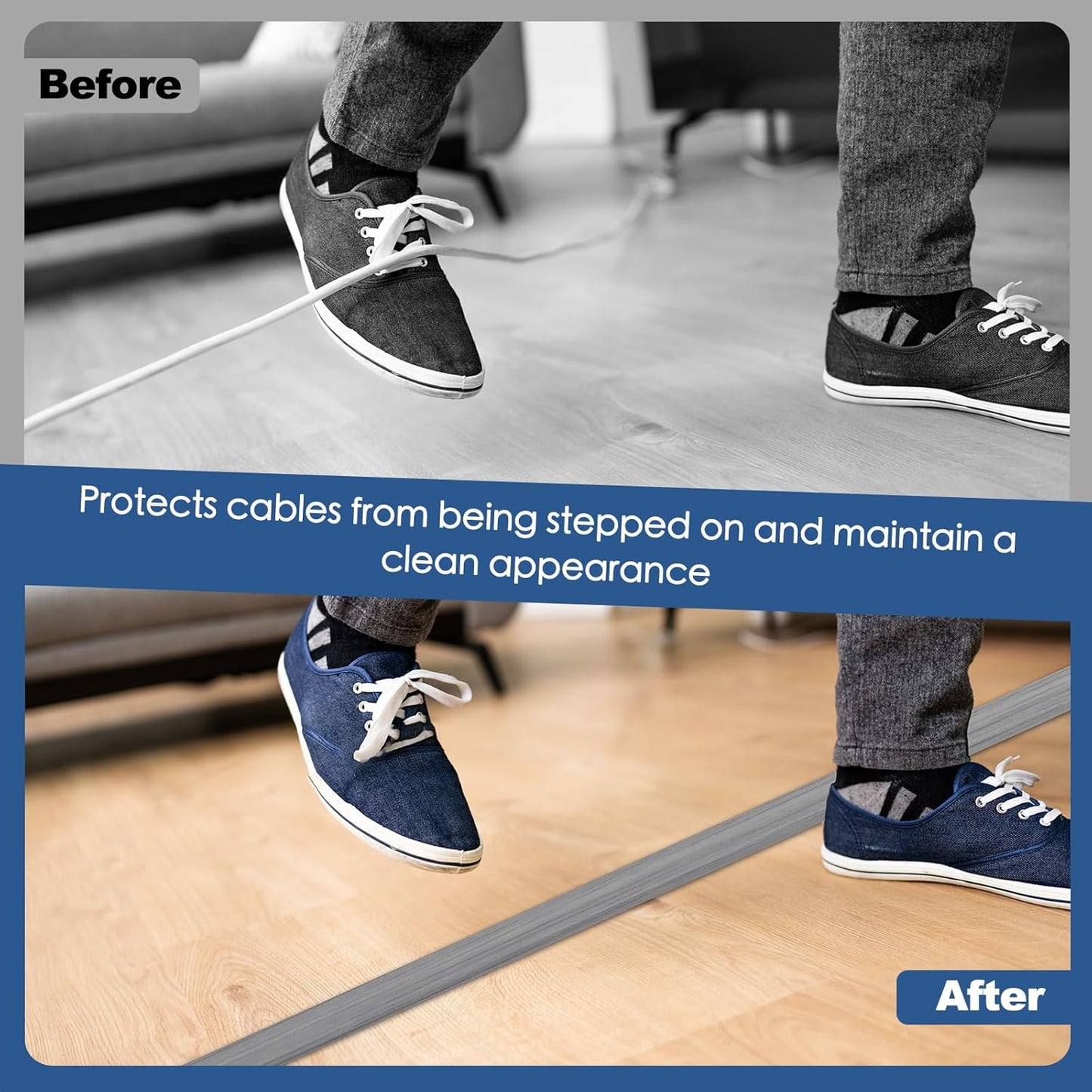 Floor Cord Cover for Wires on Floor Self Adhesive Cord Hider Floor Cable Management Wire Covers for Cords Protector Prevent Cable Trips Cord Cavity W 0.51" x H 0.31", Gray Wood, 20Ft