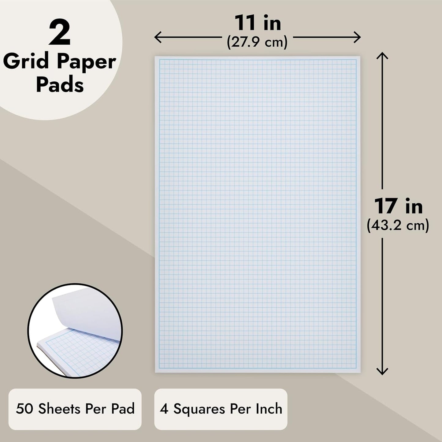 Bright Creations 2 Pack Engineering Graph Paper Pads, 11x17 Quadrille Grid Paper for Drafting, Engineering, Blueprint Drawing, Architect Designers (4 Squares Per Inch, 50 Sheets Each Pad)