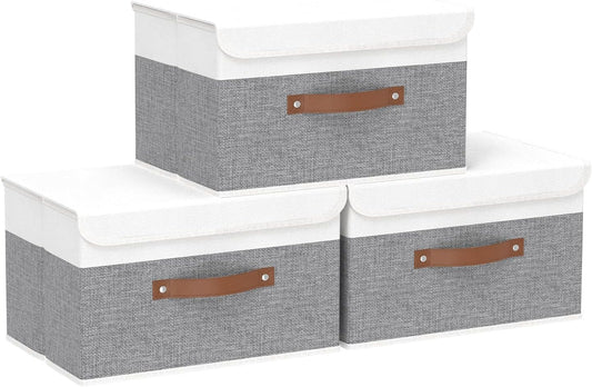 Yawinhe Collapsible Storage Bin, Cube Organizer Basket, Fabric Box with Lids, Washable and Leather Handle, for Home, Closet, White/Grey, 13.0''Lx9.0''Wx7.9''H, 3-Pack, SNK024WGS-3