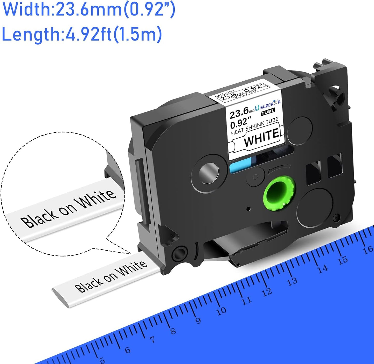 10PK Compatible for Ptouch HSe-251 HSe251 HS-251 HS251 Black on White 23.6mm 0.92'' Heat Shrink Tubing for Wire Cable for PT-P710BTPT-P750WPT-P750WVP Label Maker Tape