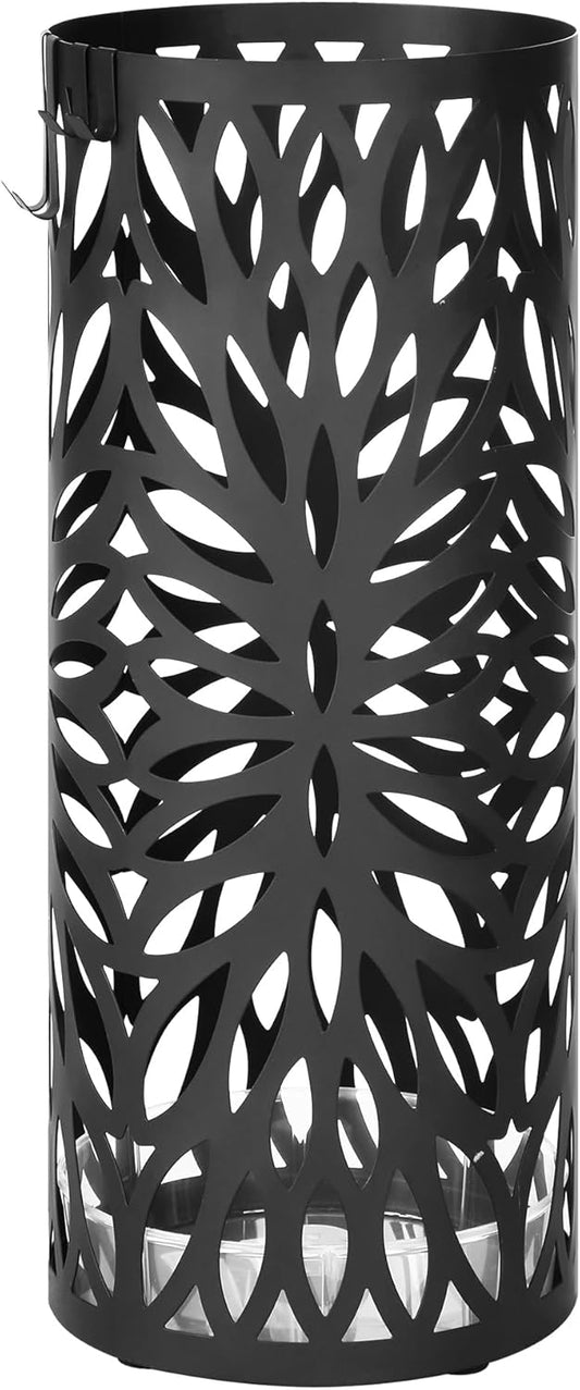 SONGMICS Umbrella Stand, Umbrella Holder for Entryway, Steel Round Umbrella Rack Freestanding, for Canes Walking Sticks, with a Detachable Drip Tray, 2 Long and 2 Short Hooks, Matte Black ULUC022B01